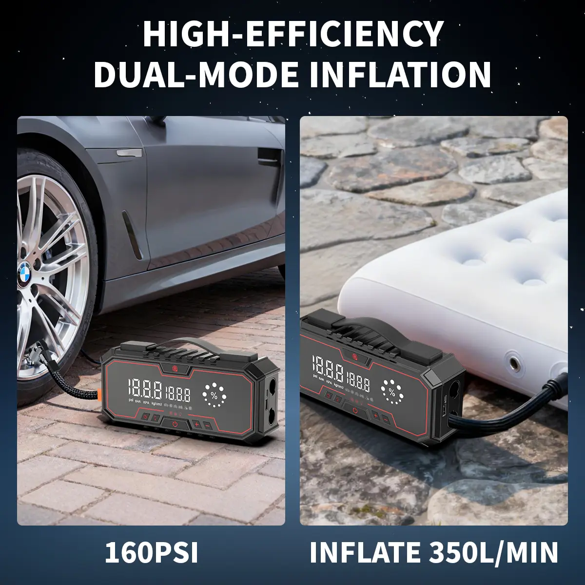 Arrancador portátil para coche, batería externa de 18000 mAh, inflador de neumáticos de 160 PSI, luces LED, kit de herramientas para coche.