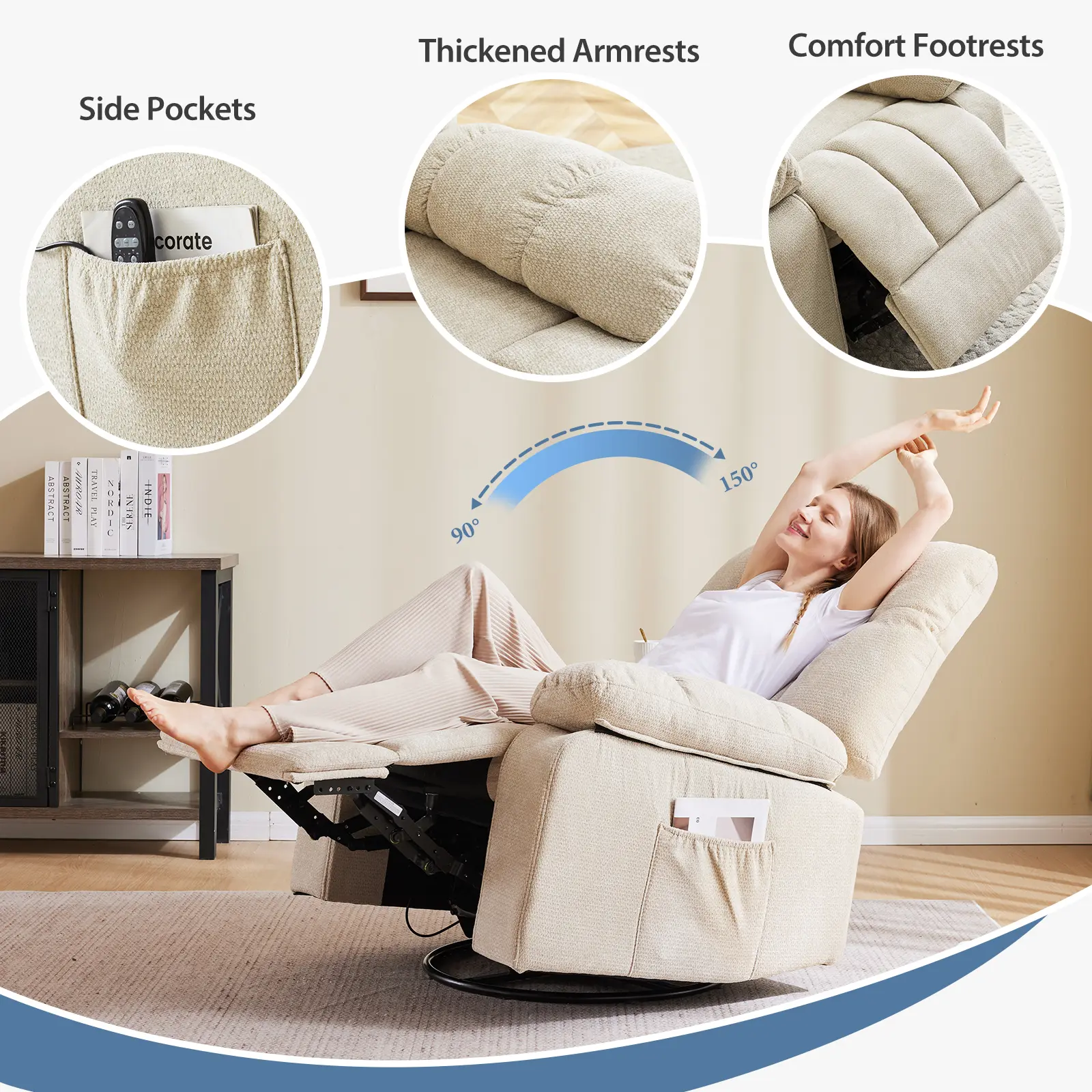 Sillón reclinable y mecedor, reclinable giratorio con masaje vibratorio y calefacción lumbar; sillón de tela de chenilla con rotación de 270° y reposapiés, ideal para sala de estar y dormitorio.