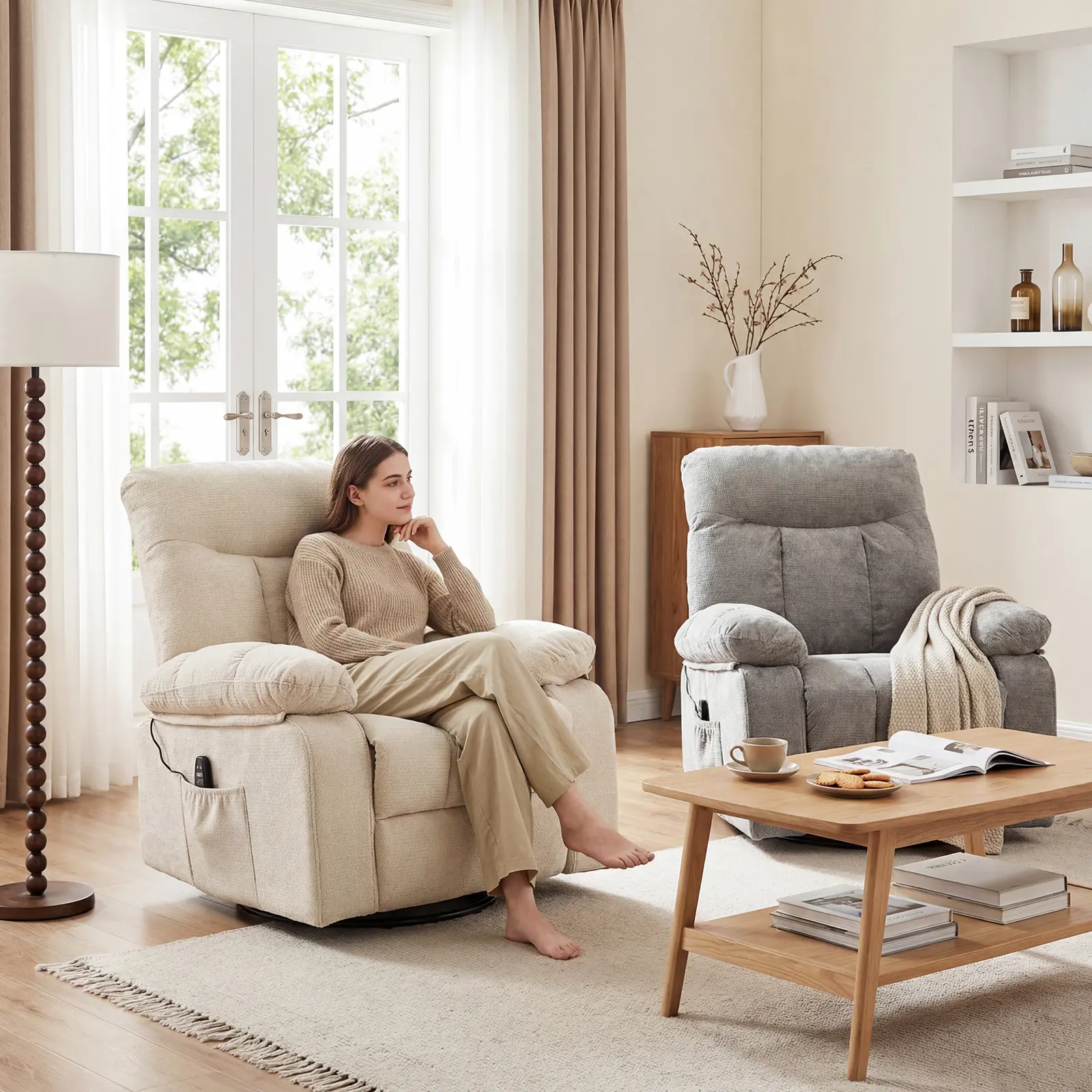 Sillón reclinable y mecedor, reclinable giratorio con masaje vibratorio y calefacción lumbar; sillón de tela de chenilla con rotación de 270° y reposapiés, ideal para sala de estar y dormitorio.