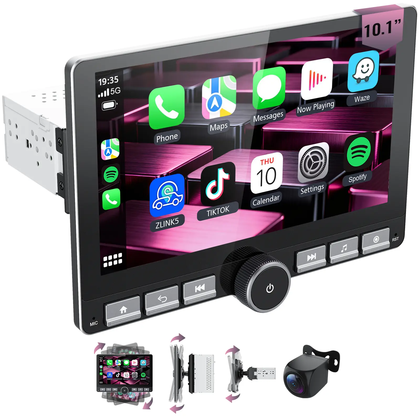 Autorradio Android 13 de 10.1", Pantalla giratoria 360°, Mejora de sonido DSP, Botones físicos, Pantalla táctil IPS, CarPlay, Android Auto, Radio FM/AM, Navegación GPS, 2 GB RAM + 64 GB de almacenamiento, Bluetooth, Pantalla dividida — SummerVibes