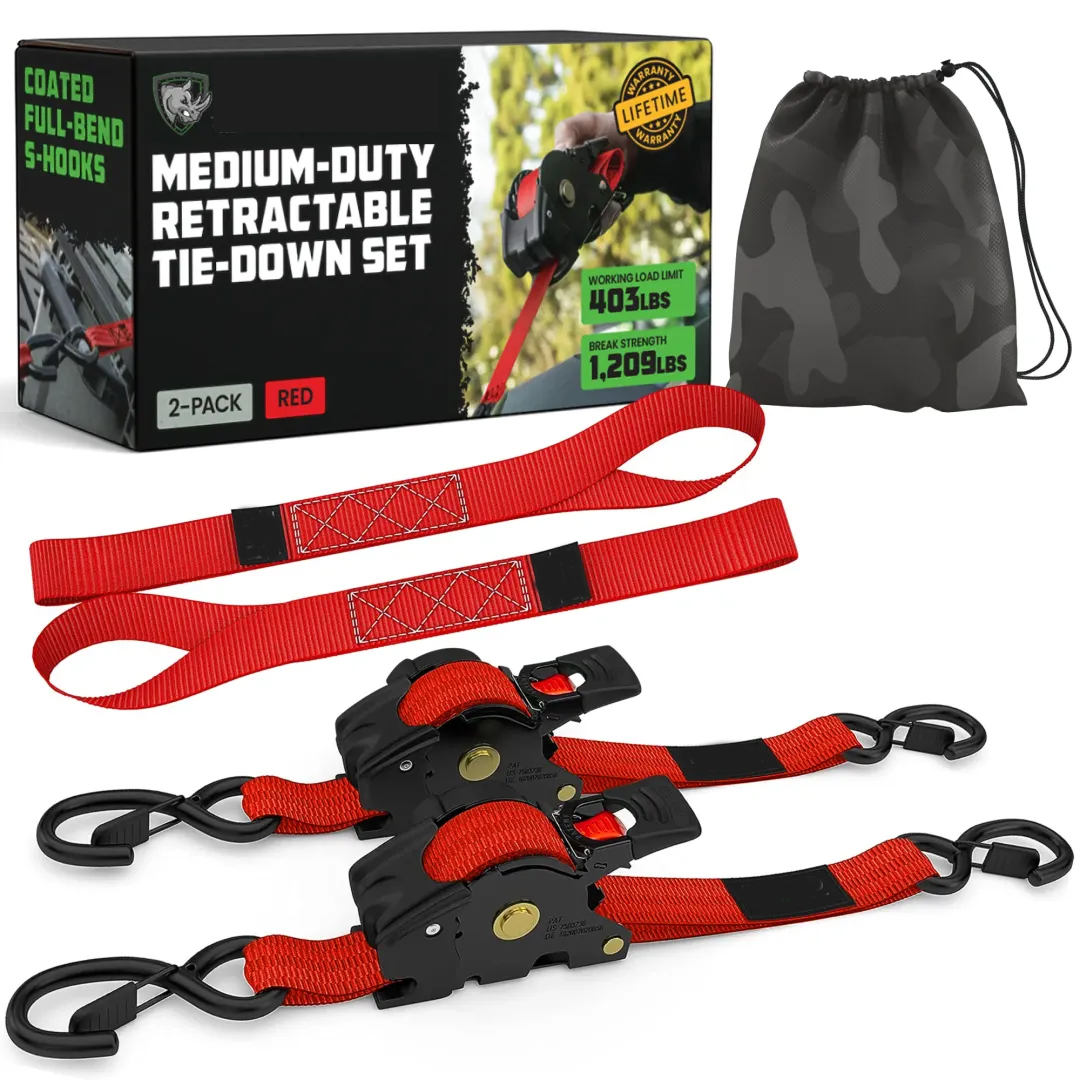 Correas de trinquete retráctiles automáticas (paquete de 2) - 2,5 cm x 3 metros (resistencia a la rotura: 549 kg) - Correas de sujeción retráctiles automáticas de alta resistencia para camiones, remolques, motocicletas, etc.