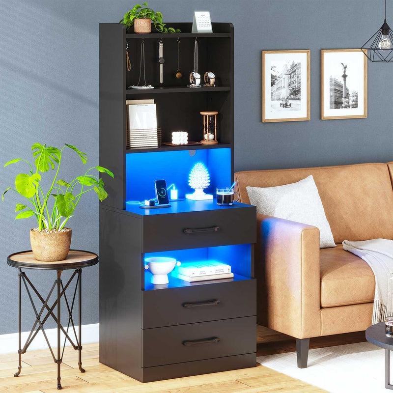 Mesita de noche alta con estación de carga y luz LED, 3 cajones, estante de almacenamiento y librería, mesita auxiliar moderna para dormitorio, mueble para el hogar.