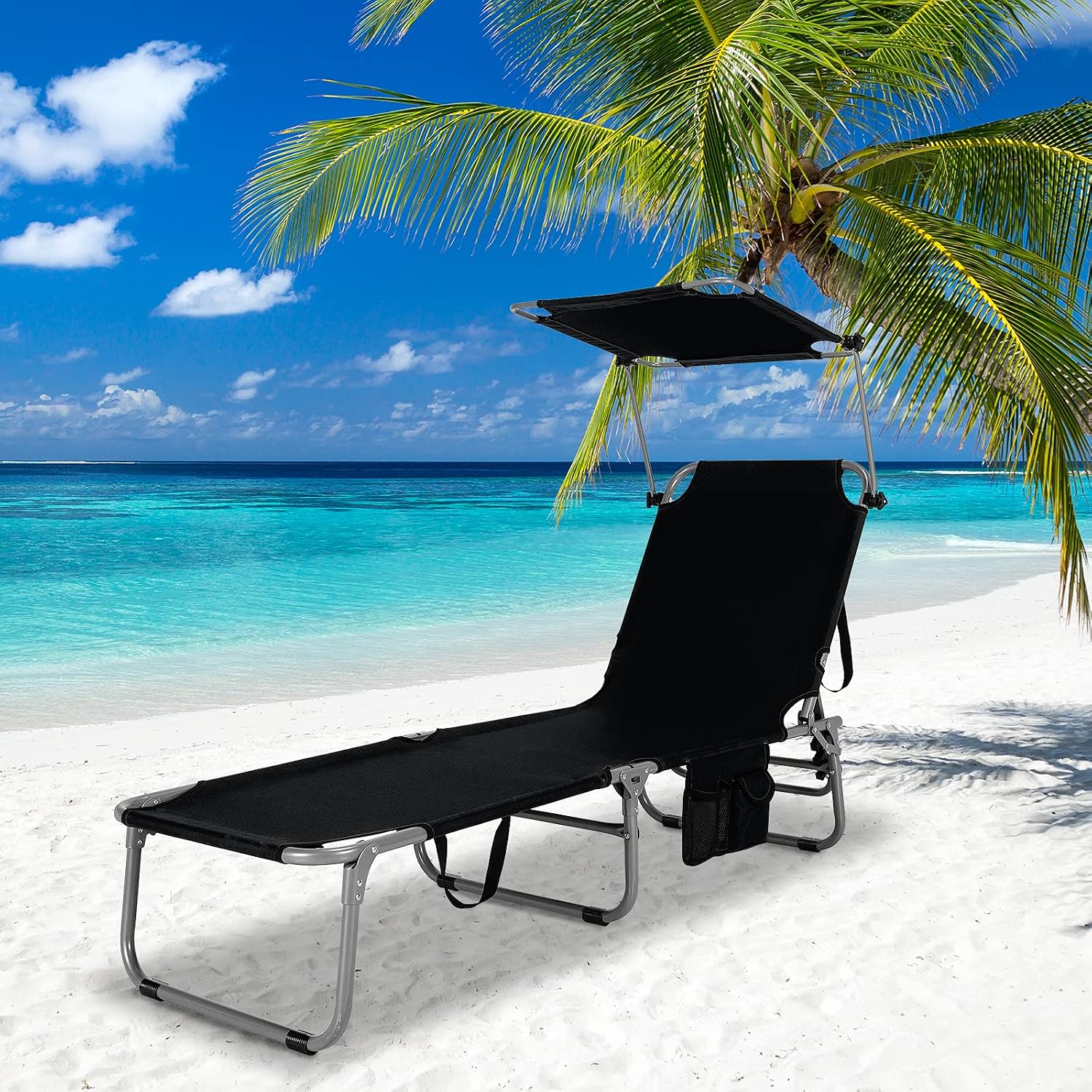 Silla para broncearse, silla de playa plegable con toldo, ajustable en 5 posiciones, con asa y bolsillo lateral; tumbona reclinable portátil para exteriores (patio, césped, camping, piscina, terraza o playa) (2 unidades, color negro)