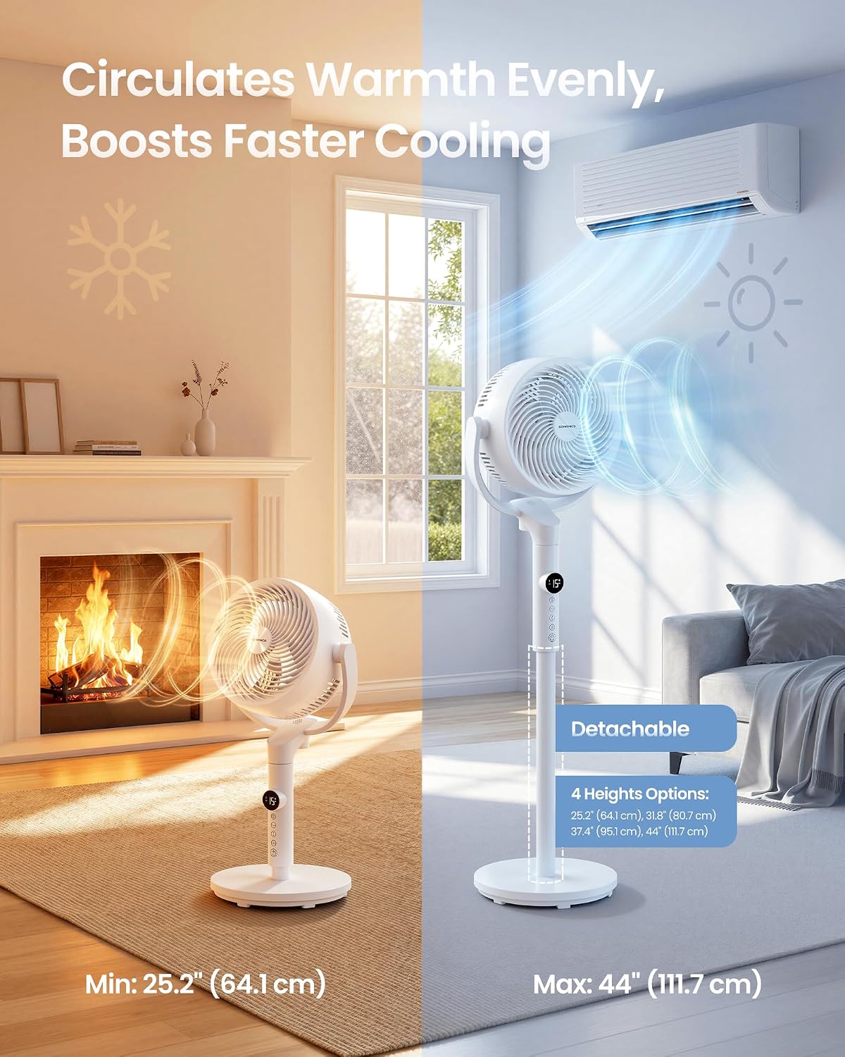Ventilateur sur pied pour chambre à coucher, fonctionnement silencieux à 20 décibels, avec télécommande, circulateur d'air, oscillation 120°+135°, 15 réglages de vitesse de vent, minuterie de 15 heures, 3 modes, hauteur réglable.