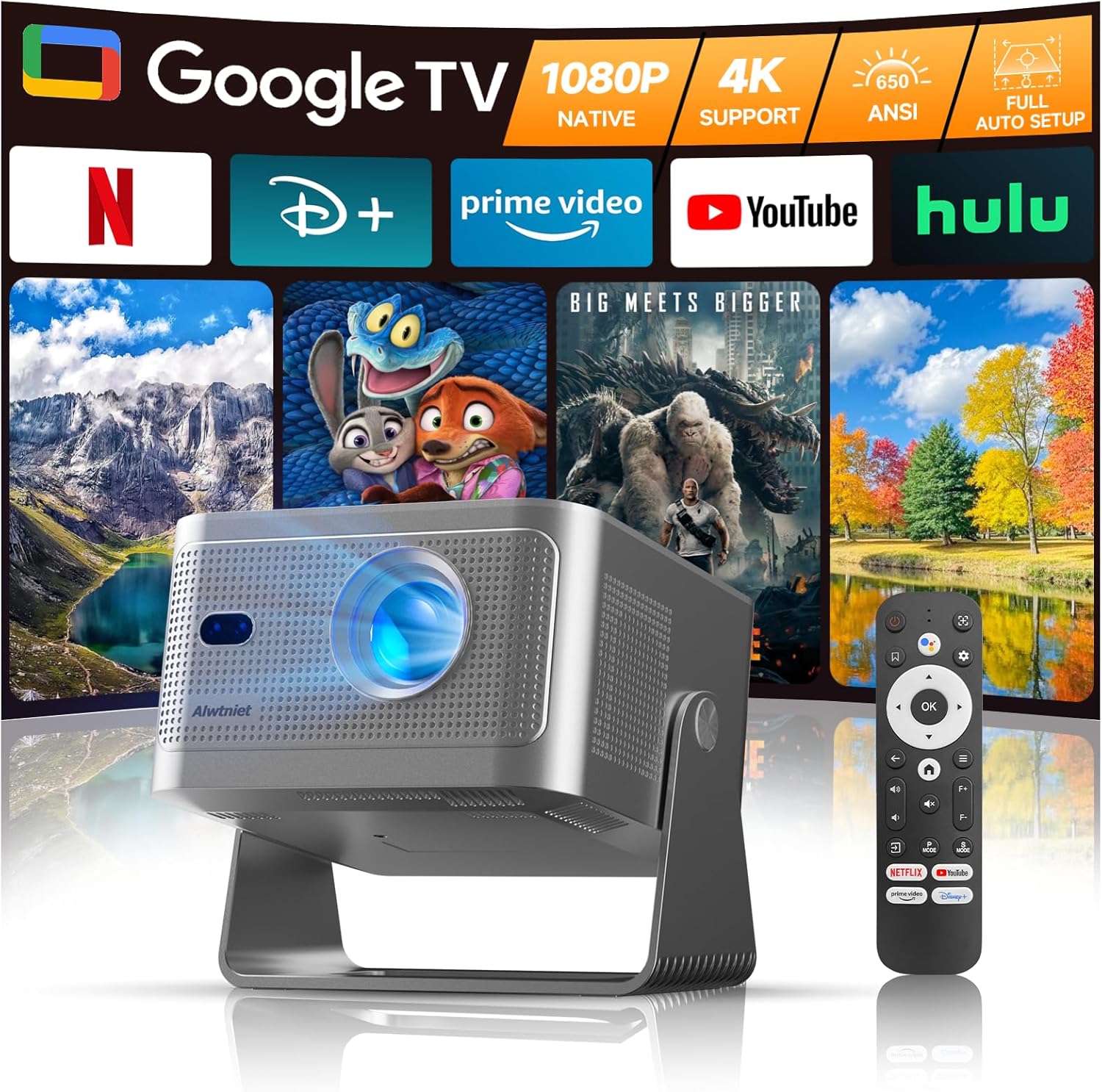 Projecteur intelligent avec Google TV, mini-projecteur portable compatible 4K avec Wi-Fi et Bluetooth, mise au point automatique et détection d'obstacles, clé TV, 650 ANSI et commande vocale, projecteur home cinéma extérieur HY350GT