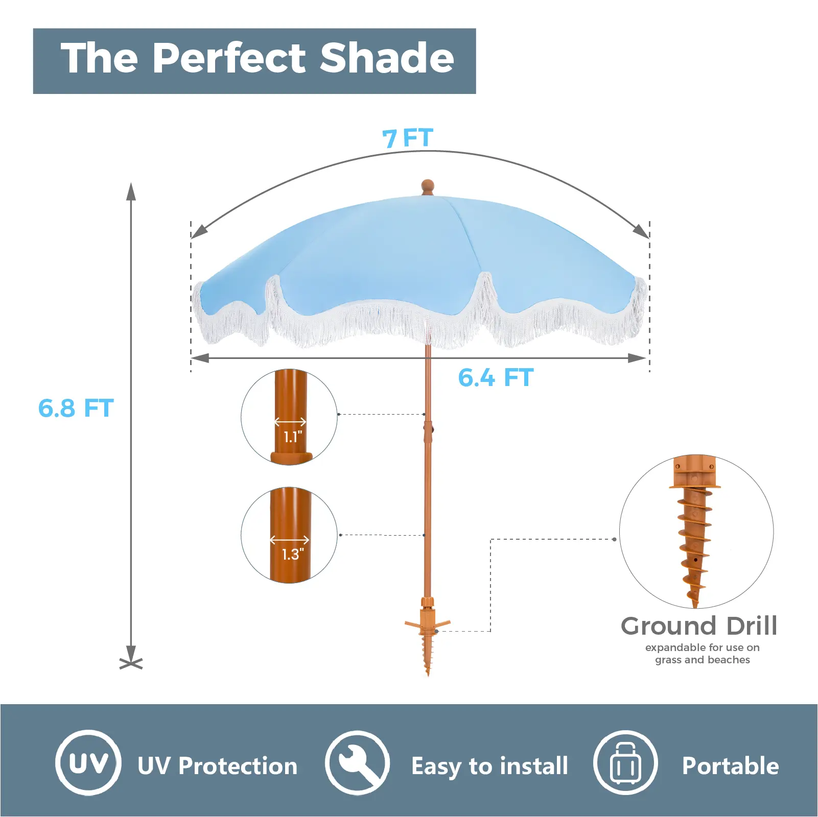 Sombrilla de patio exterior con borlas de 2,13 m (7/10 pies) - UPF 50+
