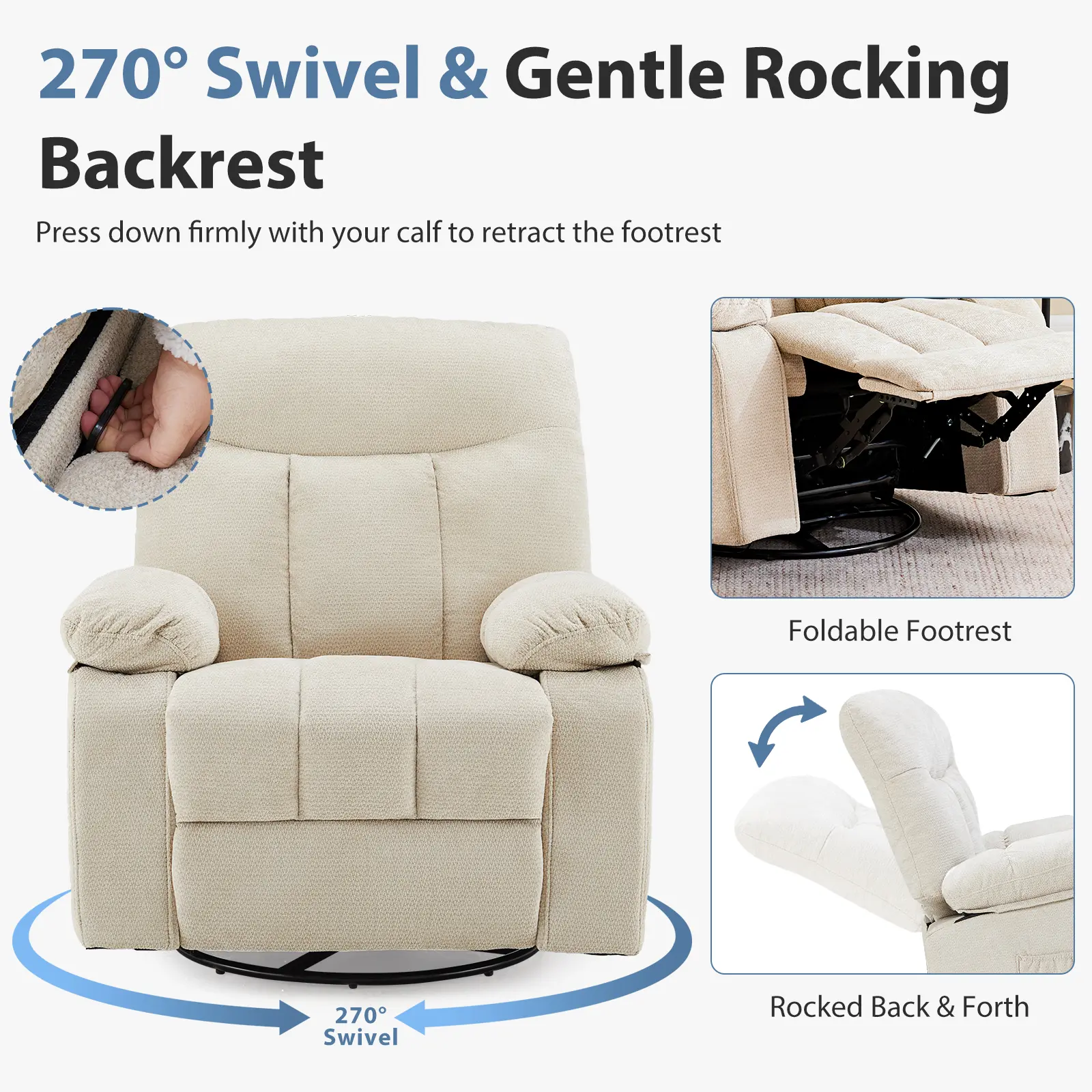 Sillón reclinable y mecedor, reclinable giratorio con masaje vibratorio y calefacción lumbar; sillón de tela de chenilla con rotación de 270° y reposapiés, ideal para sala de estar y dormitorio.
