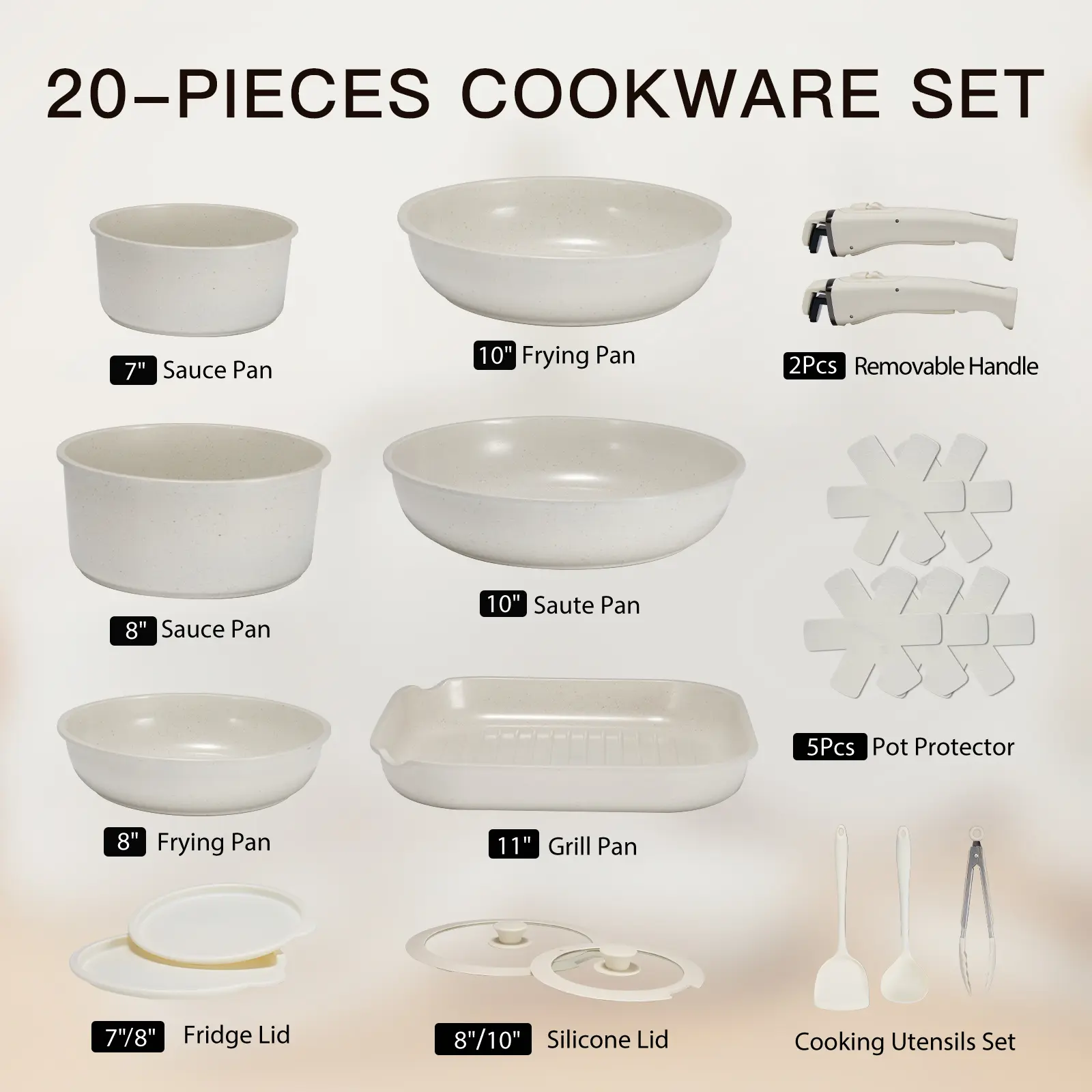 Juego de utensilios de cocina antiadherentes con mango desmontable