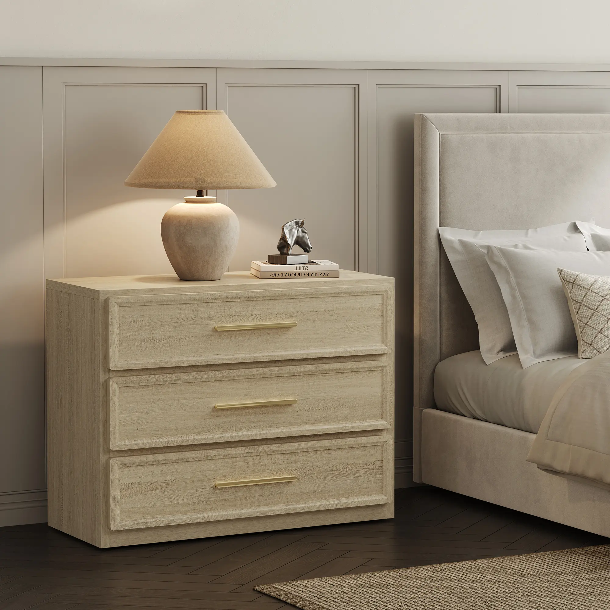 Mesita de noche extragrande o alta con 3 cajones; estilo moderno con tiradores dorados; adecuada para dormitorios, salas de estar (junto a sofás), oficinas, habitaciones compartidas y decoración del hogar.