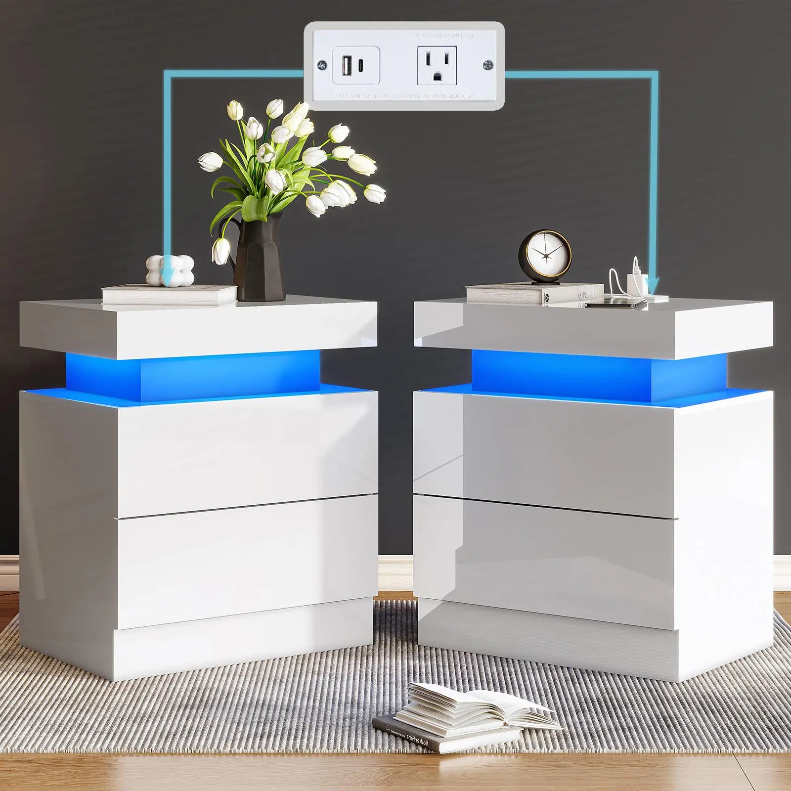Mesita de noche de alto brillo (con luz LED, juego de 2 piezas)