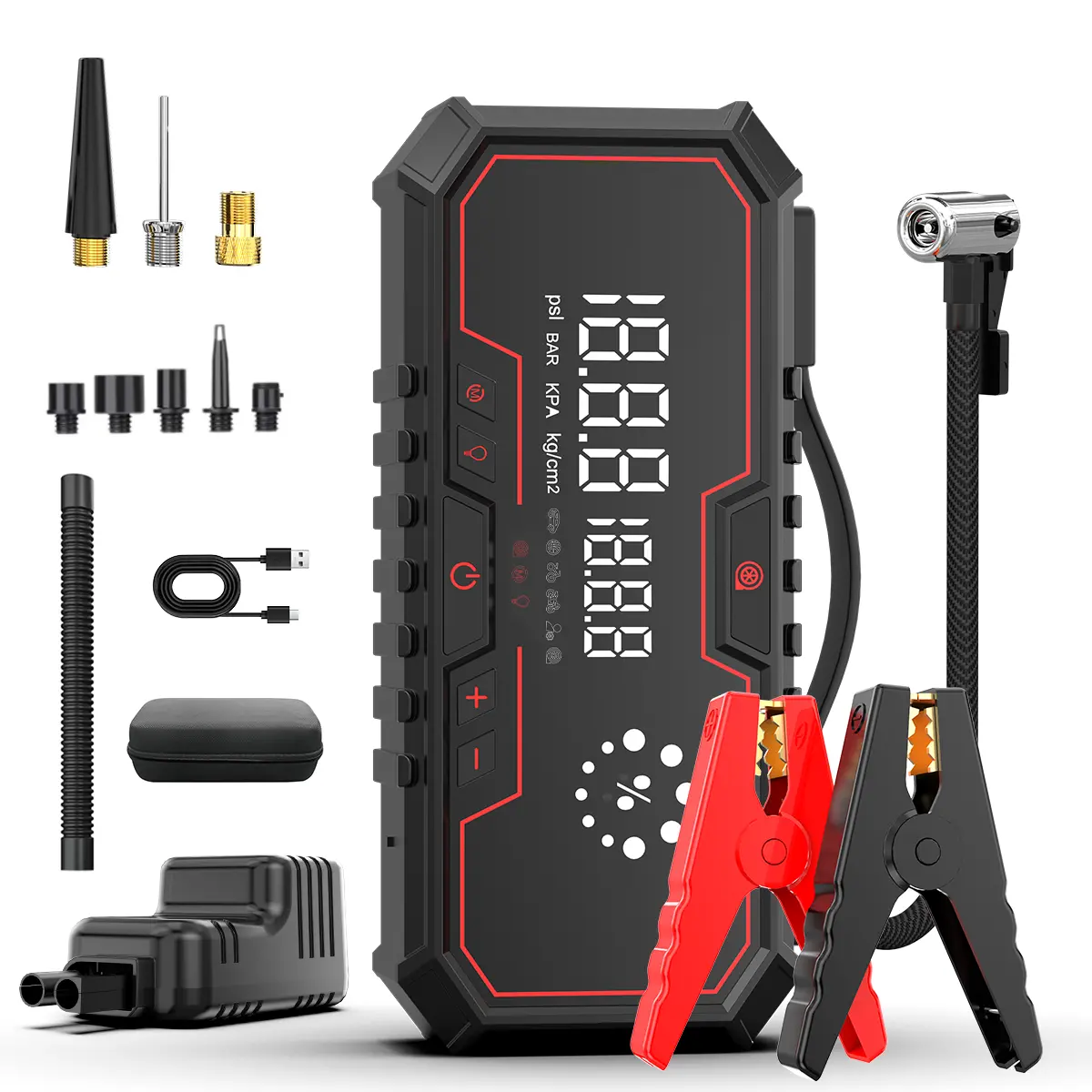 Arrancador portátil para coche, batería externa de 18000 mAh, inflador de neumáticos de 160 PSI, luces LED, kit de herramientas para coche.