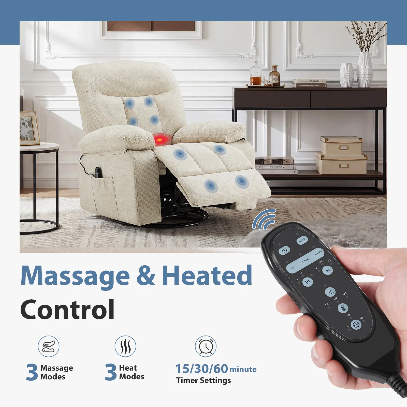 Sillón reclinable y mecedor, reclinable giratorio con masaje vibratorio y calefacción lumbar; sillón de tela de chenilla con rotación de 270° y reposapiés, ideal para sala de estar y dormitorio.