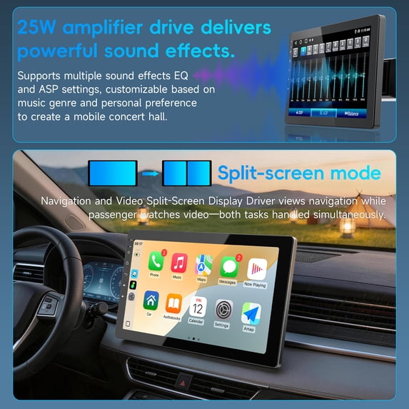 Autoradio avec écran tactile rotatif de 10,1 pouces — Format 1-DIN, système Android 13, compatible Apple CarPlay et Android Auto sans fil, processeur quadricœur, 4 Go de RAM et 32 ​​Go de stockage, navigation GPS.