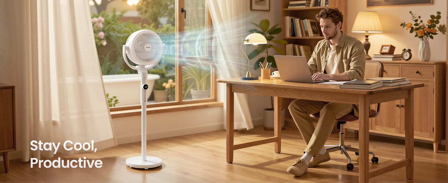 Text reads 'Stay Cool Production'. Interior scene featuring desk fan in home office environment with natural lighting and furniture visible.