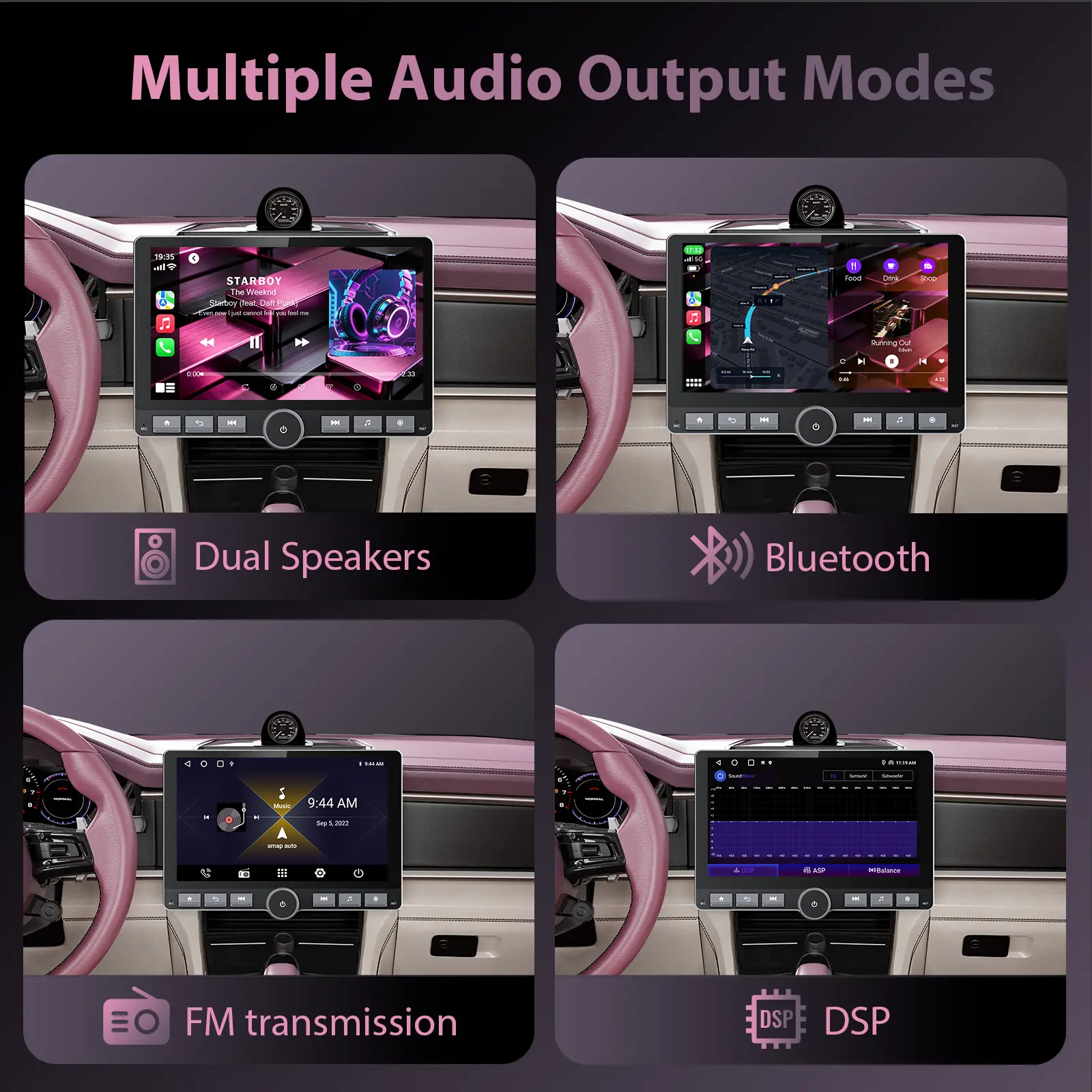 Autorradio Android 13 de 10.1", Pantalla giratoria 360°, Mejora de sonido DSP, Botones físicos, Pantalla táctil IPS, CarPlay, Android Auto, Radio FM/AM, Navegación GPS, 2 GB RAM + 64 GB de almacenamiento, Bluetooth, Pantalla dividida — SummerVibes