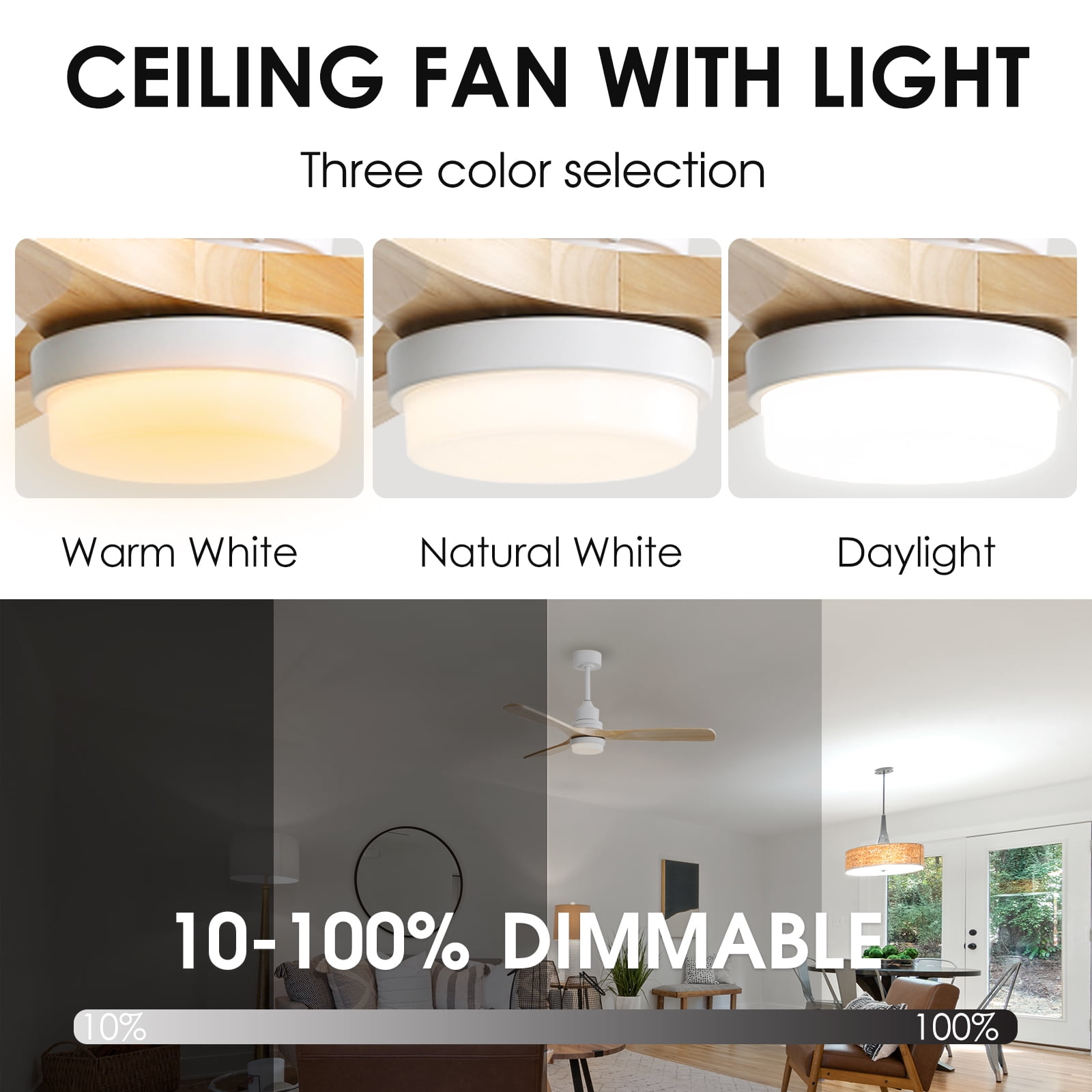 Ventilateur de plafond LED de style moderne de 52 pouces : intègre l’éclairage, la télécommande et les fonctions avant/arrière ; équipé d’un moteur silencieux à 6 vitesses et de 3 pales de ventilateur en bois ; disponible en blanc/noir.