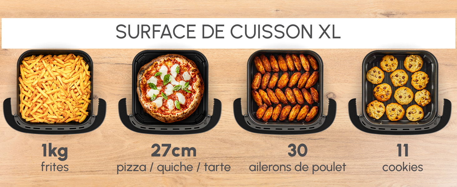 Le texte indique &laquo; SURFACE DE CUISSON XL &raquo;. Infographie pr&eacute;sentant les possibilit&eacute;s de cuisson avec des ic&ocirc;nes repr&eacute;sentant des pizzas, du pain, de la viande, des biscuits et d'autres produits alimentaires avec un indicateur de taille de 27 cm.