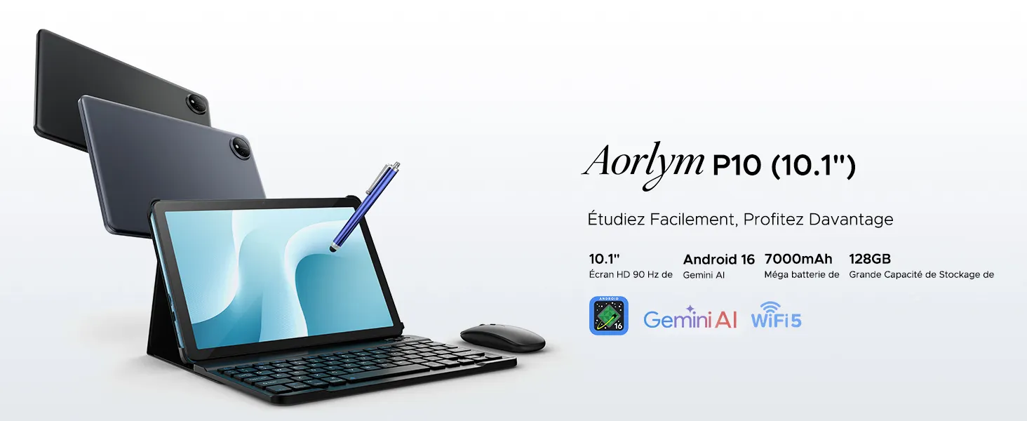 Le texte indique &laquo; Kardyn Pro (10.7) &raquo;, &laquo; Produkto Professional, stylet pour tablette portable &raquo;, &laquo; Android iOS &raquo;, &laquo; Stylus Cartridge &raquo;. Tablette avec stylet et clavier sur fond blanc illustrant une configuration de travail portable.