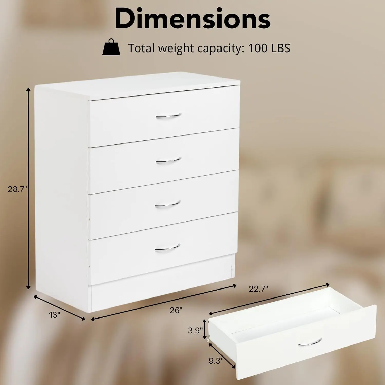 Karl Home White 4 Drawer Dresser for Bedroom and Nursery
