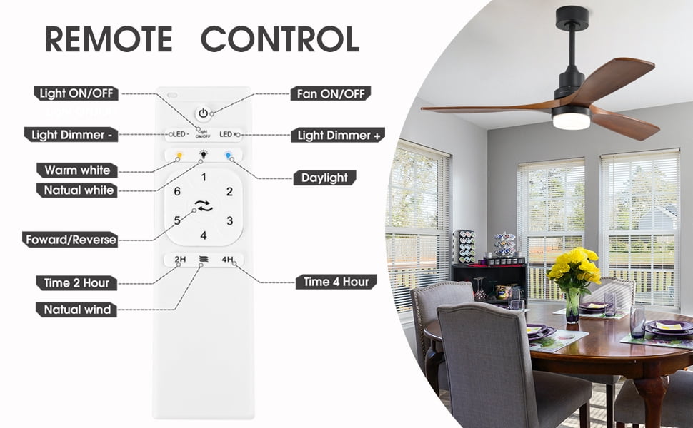 Ventilateur de plafond LED de style moderne de 52 pouces : intègre l’éclairage, la télécommande et les fonctions avant/arrière ; équipé d’un moteur silencieux à 6 vitesses et de 3 pales de ventilateur en bois ; disponible en blanc/noir.