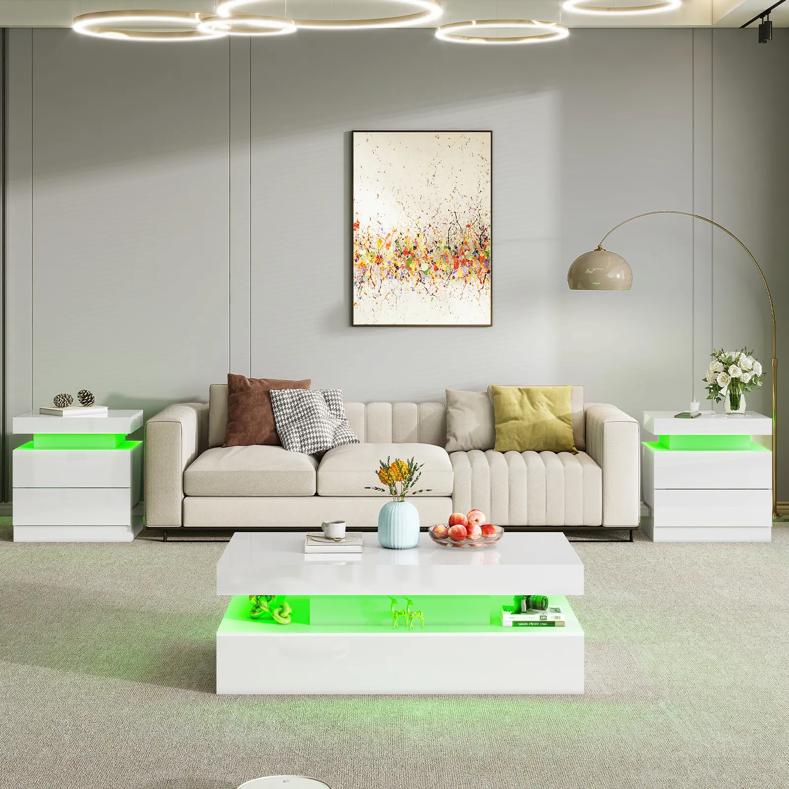 Mesita de noche de alto brillo (con luz LED, juego de 2 piezas)