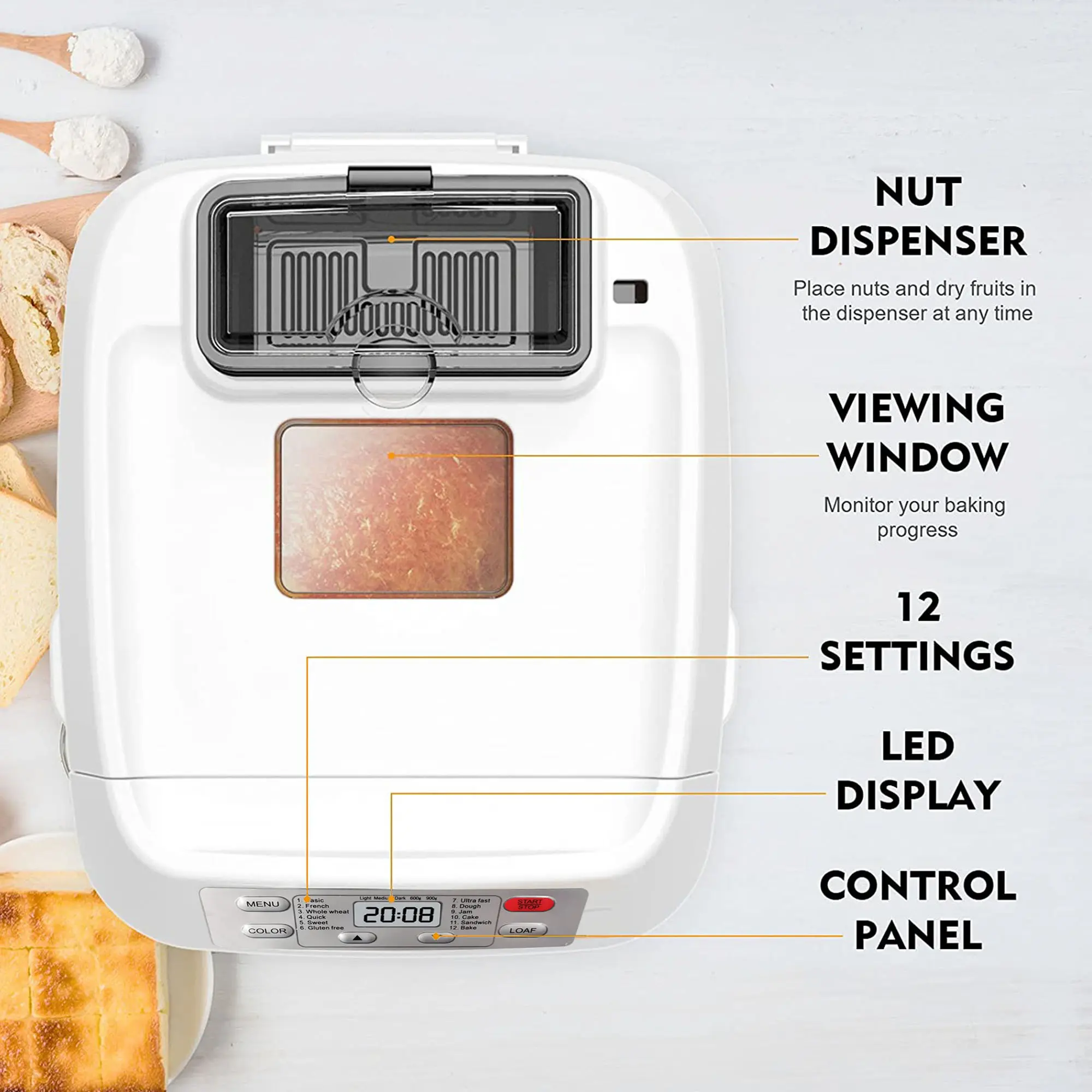 Panificadora automática de 2 libras - 12 en 1 con dispensador de nueces