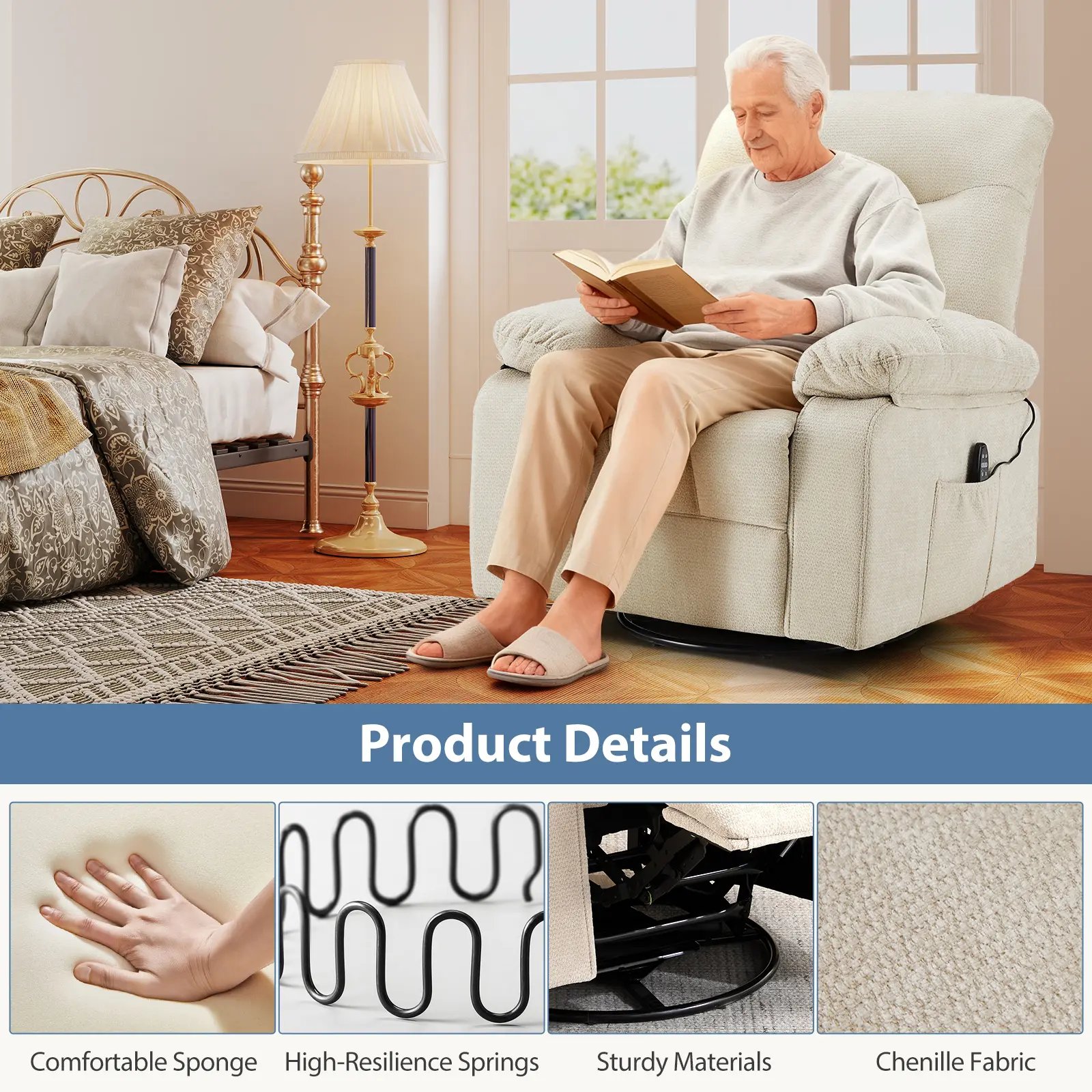 Sillón reclinable y mecedor, reclinable giratorio con masaje vibratorio y calefacción lumbar; sillón de tela de chenilla con rotación de 270° y reposapiés, ideal para sala de estar y dormitorio.