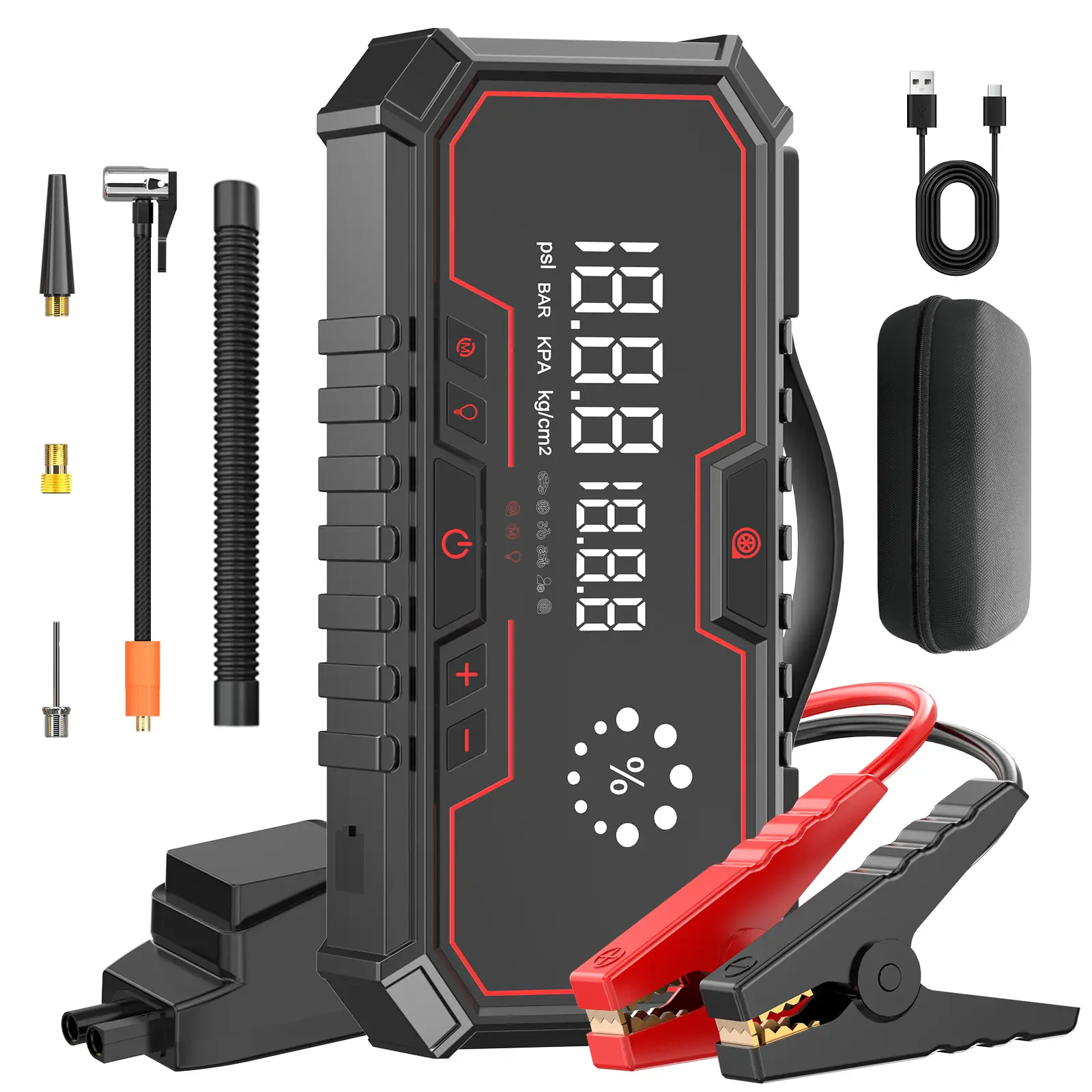 Arrancador portátil para coche, batería externa de 18000 mAh, inflador de neumáticos de 160 PSI, luces LED, kit de herramientas para coche.