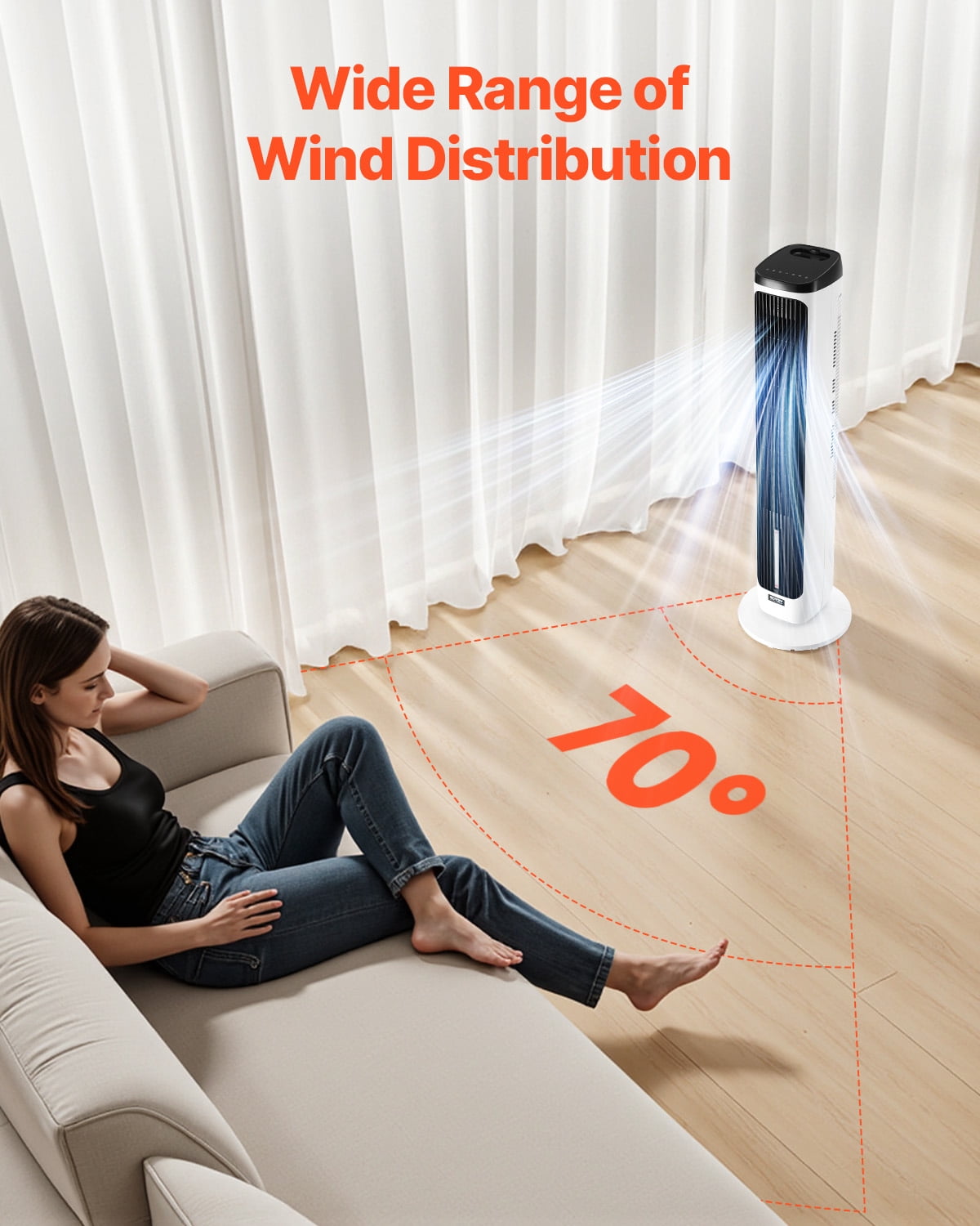 Ventilateur colonne, 7 mètres par seconde, ventilateur sur pied silencieux, oscillation à 70°, 9 vitesses de vent, 4 modes, minuterie 24 heures, ventilateur sur pied portable sans pales, avec télécommande, convient aux chambres, bureaux, maisons et autres