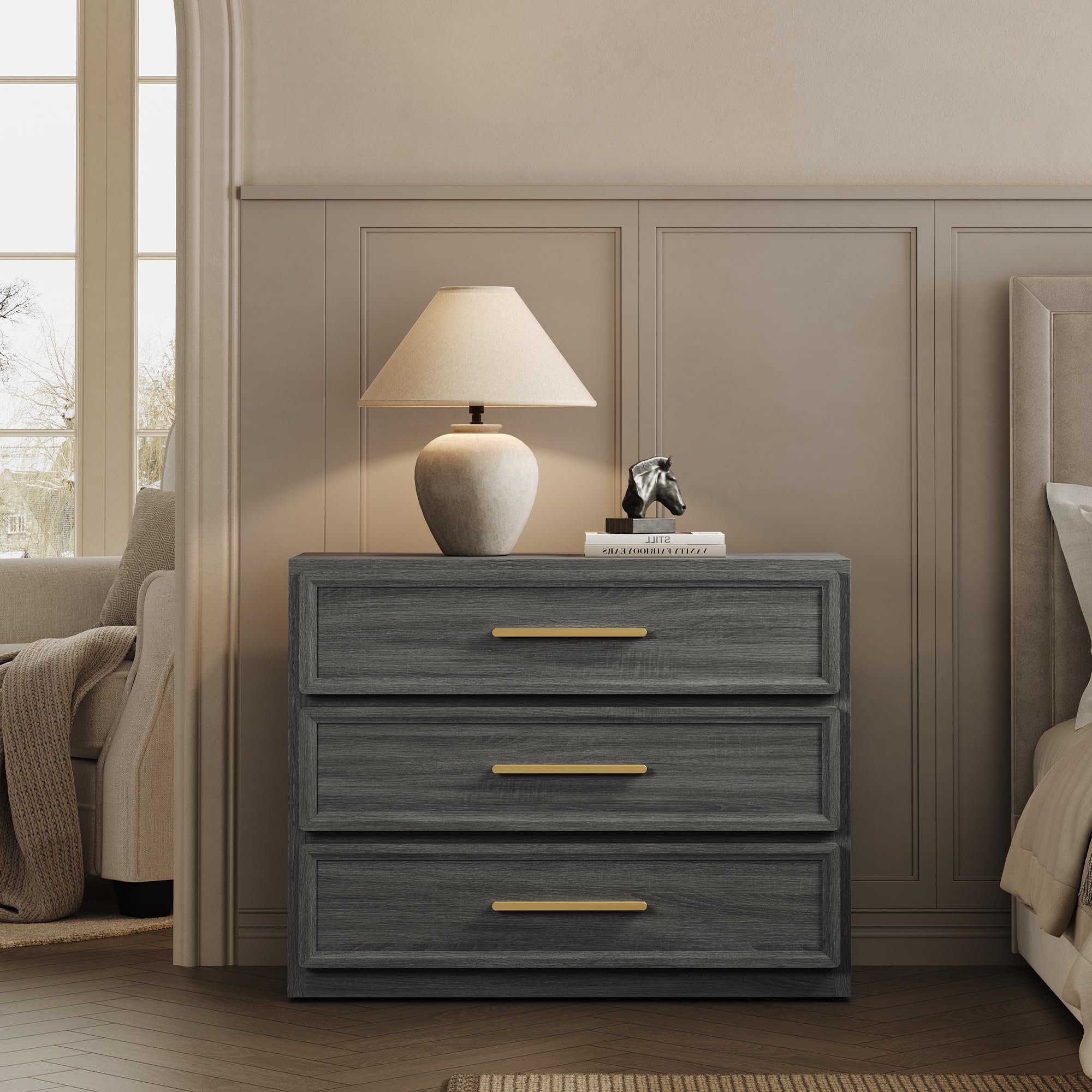 「SohoChic」SICOTAS Night Stand Oversized Extra Large Nightstand Tall Bedside Side Table with 3 Drawers with Storage Modern End Table with Golden Handles Night Stands for Bedroom Sofa Couch Office,dorm essentials,home decor