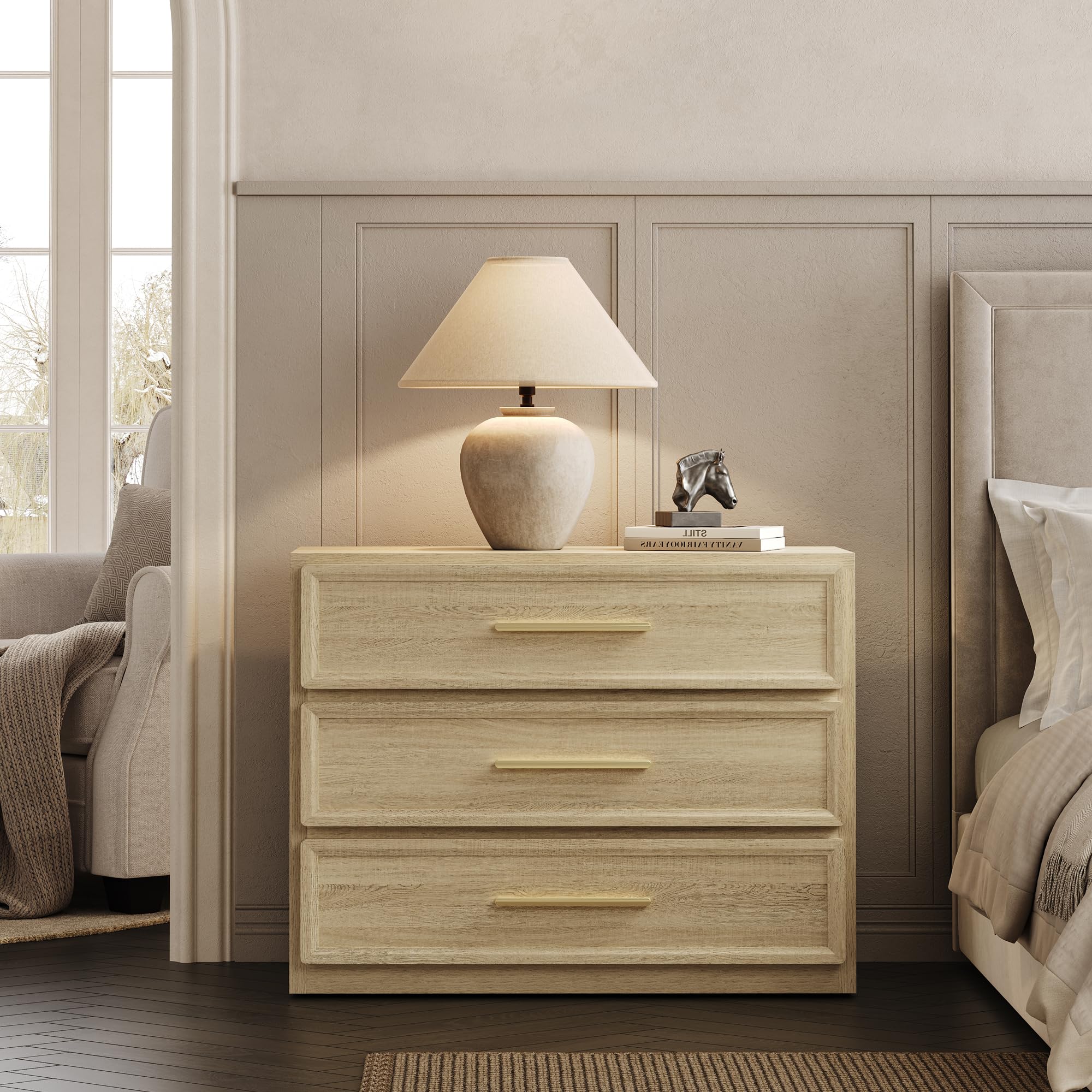 「SohoChic」SICOTAS Night Stand Oversized Extra Large Nightstand Tall Bedside Side Table with 3 Drawers with Storage Modern End Table with Golden Handles Night Stands for Bedroom Sofa Couch Office,dorm essentials,home decor