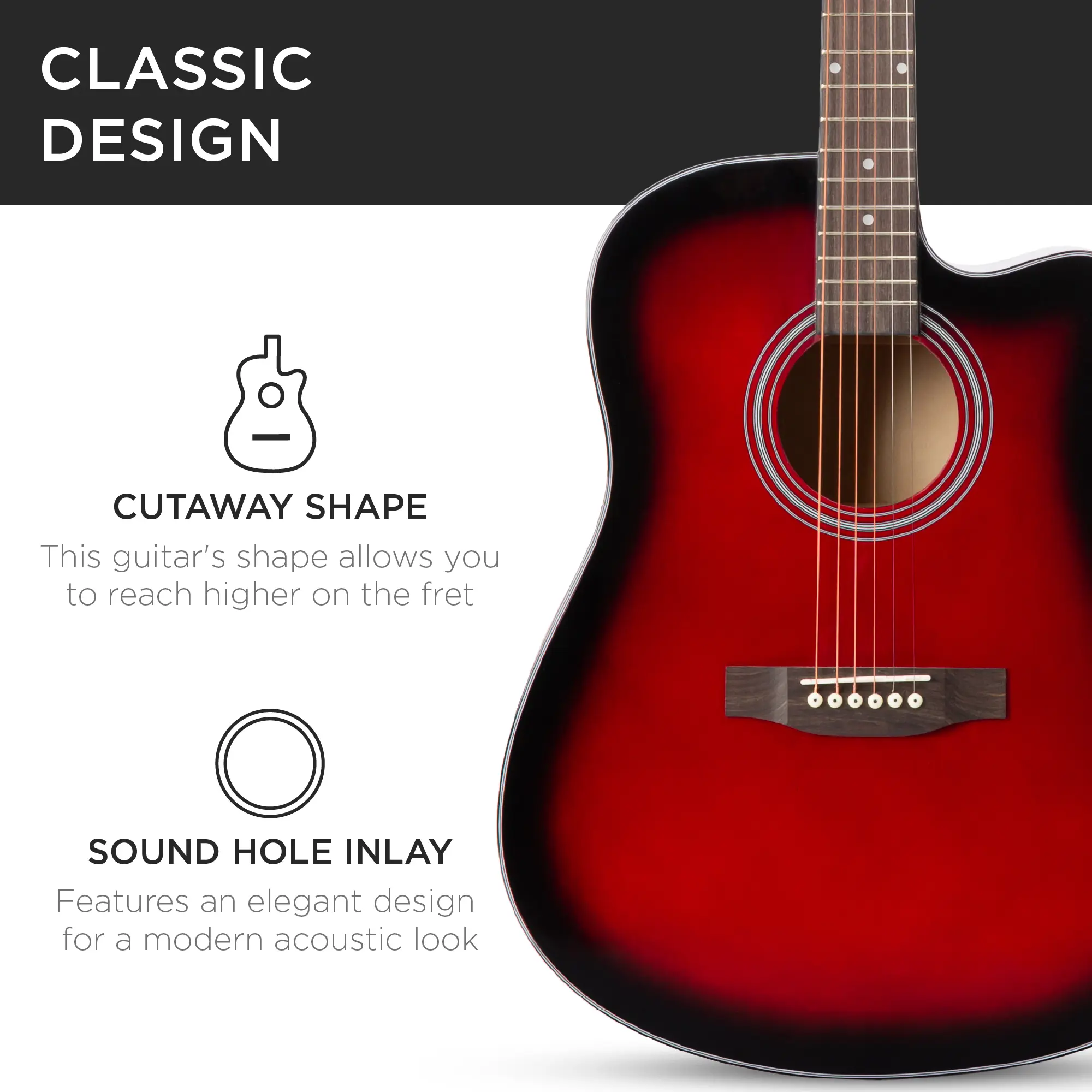 Guitarra acústica de tamaño estándar de 41 pulgadas para principiantes (incluye funda y accesorios).