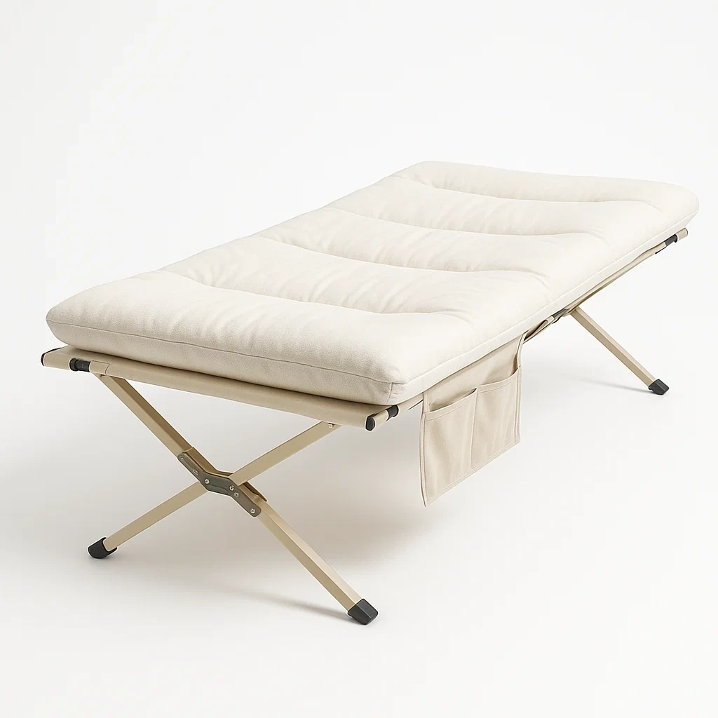Lit Métal Beige avec Matelas et Poche de Rangement
