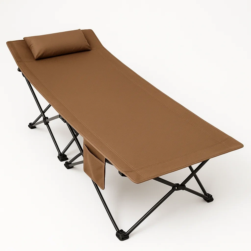Lit de camping pliant en métal et tissu Marron