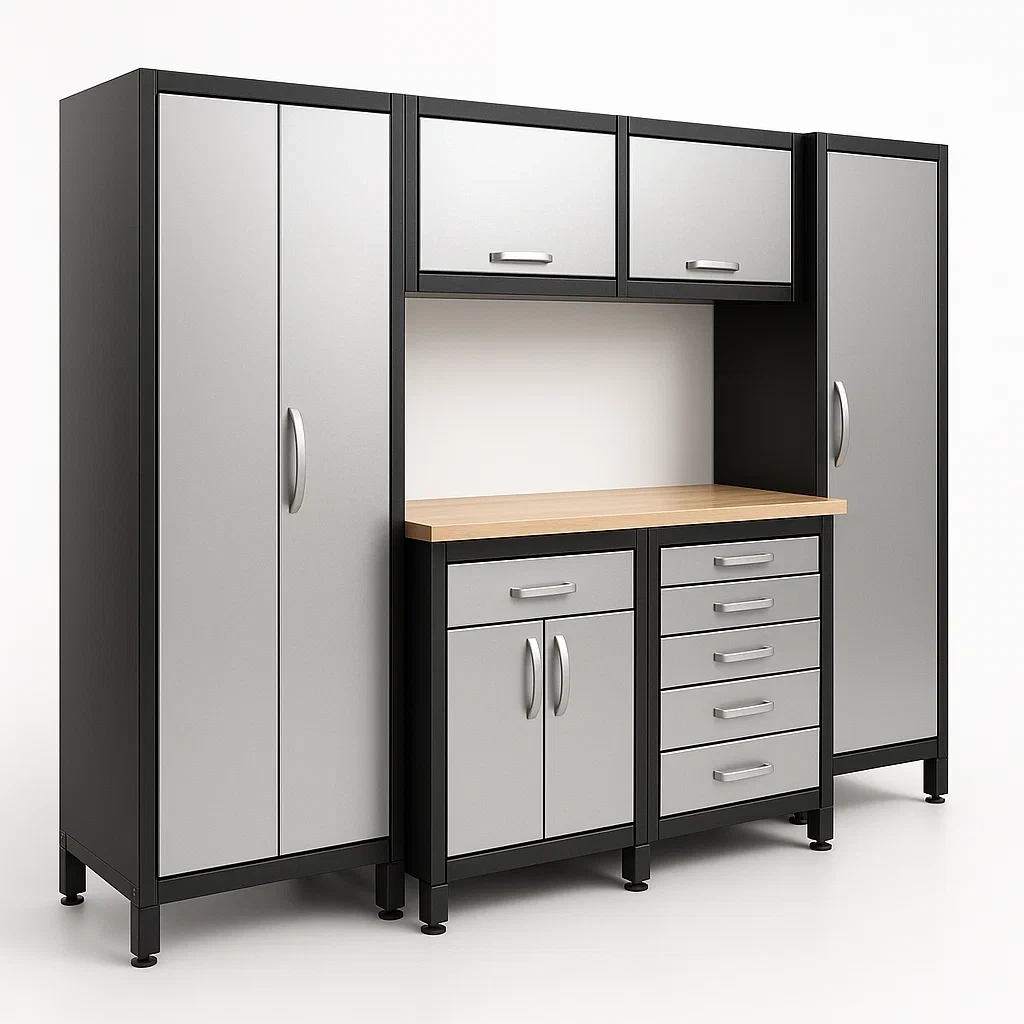 Ensemble d'armoires de garage en métal noir/gris avec plan de travail en bois 198 cm