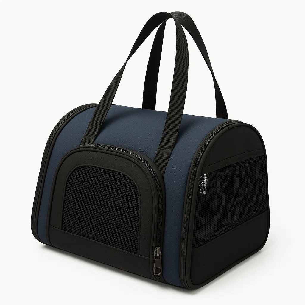 Sac de transport pour animaux en polyester bleu et noir avec panneaux de maille