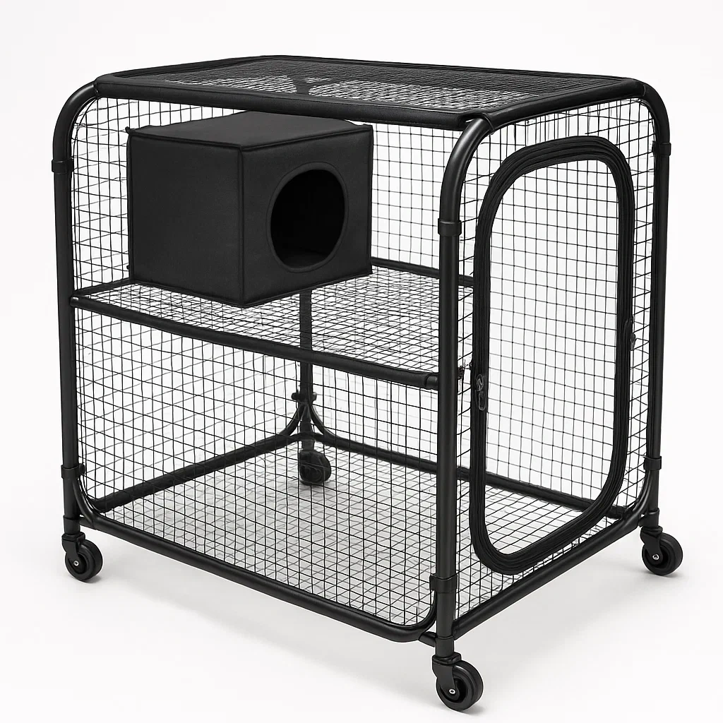 Enclos en Métal Noir pour Animaux avec Roulettes et Maison de Repos