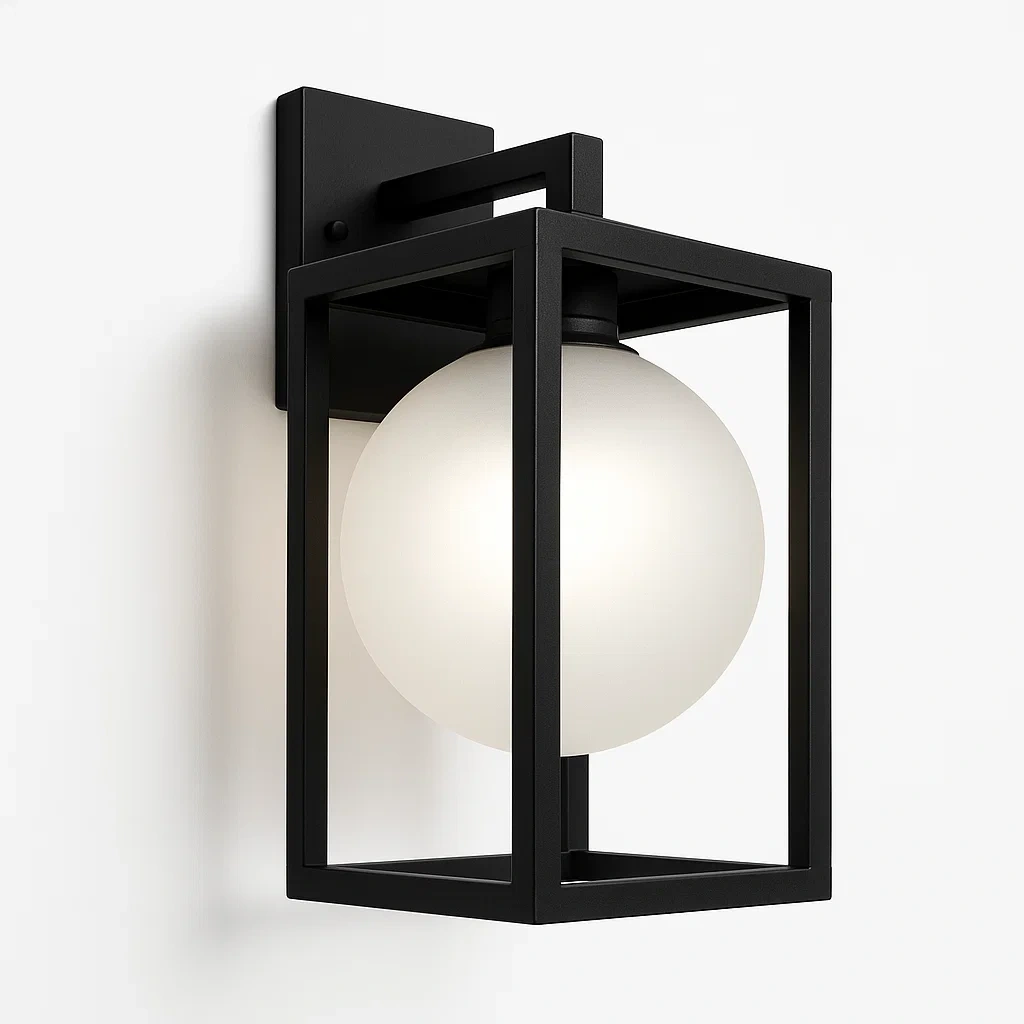 Applique Murale Extérieure en Métal Noir avec Globe en Verre Sablé