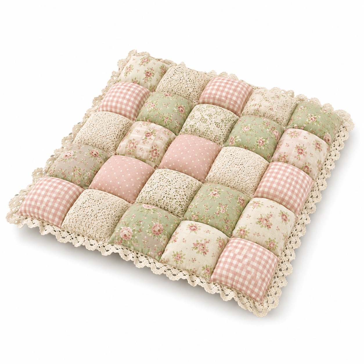 Cuscino per Sedia Patchwork con Pizzo Verde Crema e Rosa-klemv orik