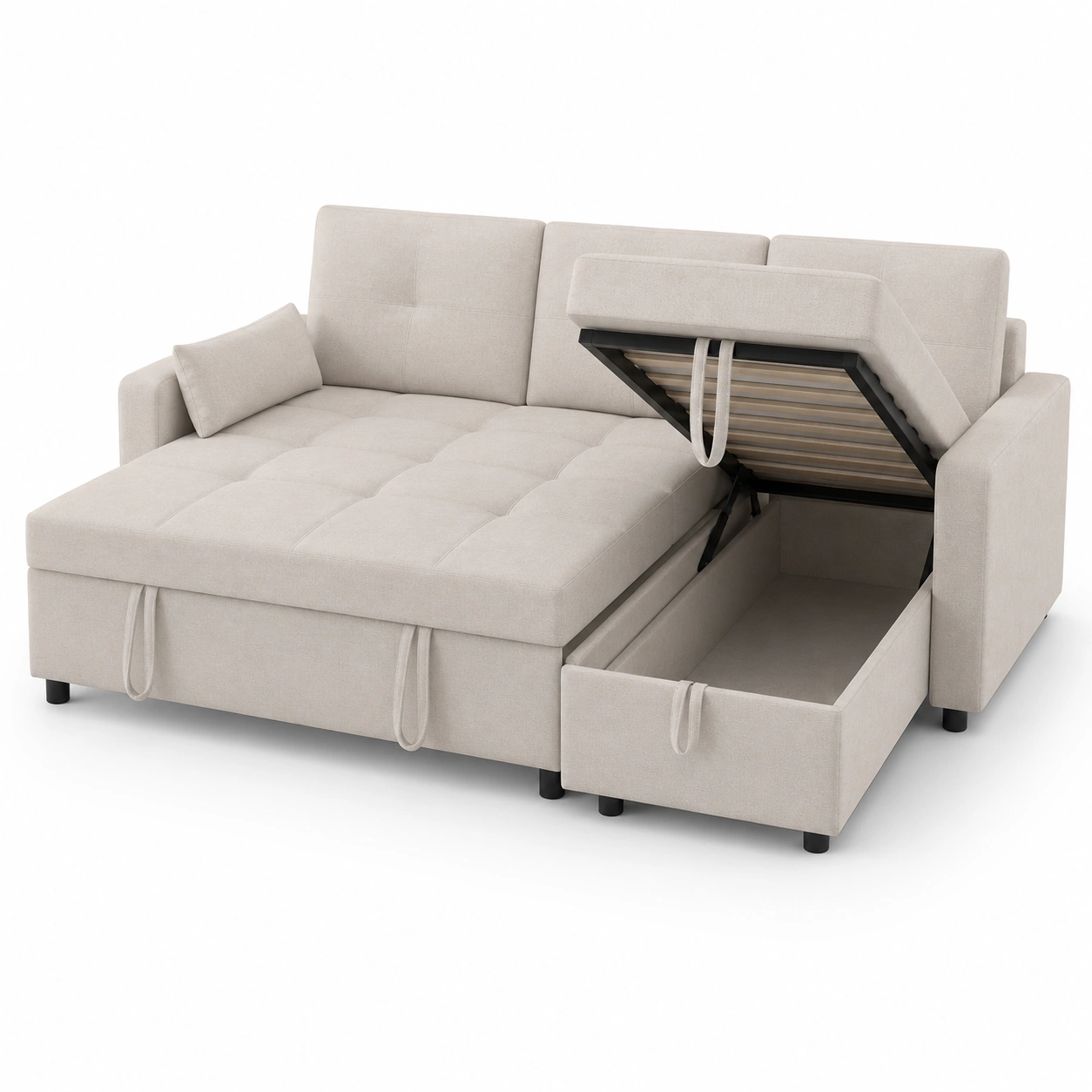 Sofa cama rinconera con almacenaje beige-OakVistaFurniture