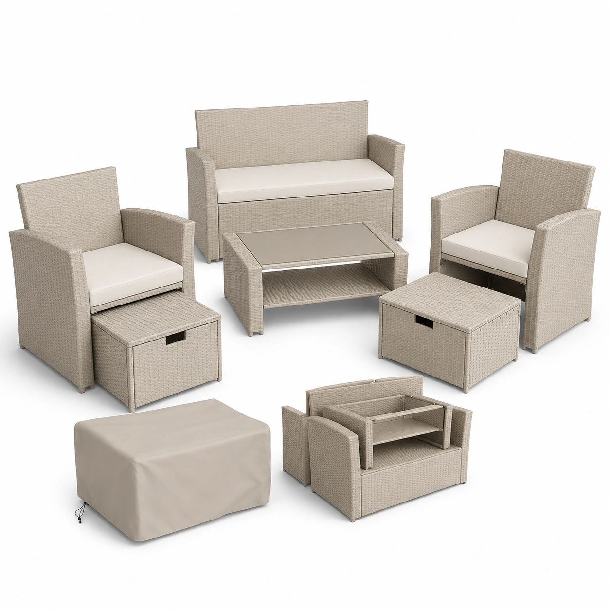 Conjunto de conversacion exterior de ratan color marfil-OakVistaFurniture
