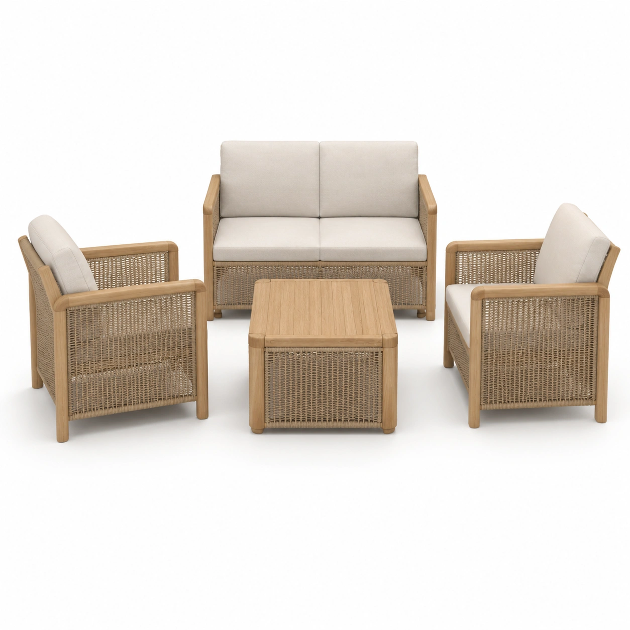 Conjunto de sofa de ratan y madera clara de 4 piezas-OakVistaFurniture