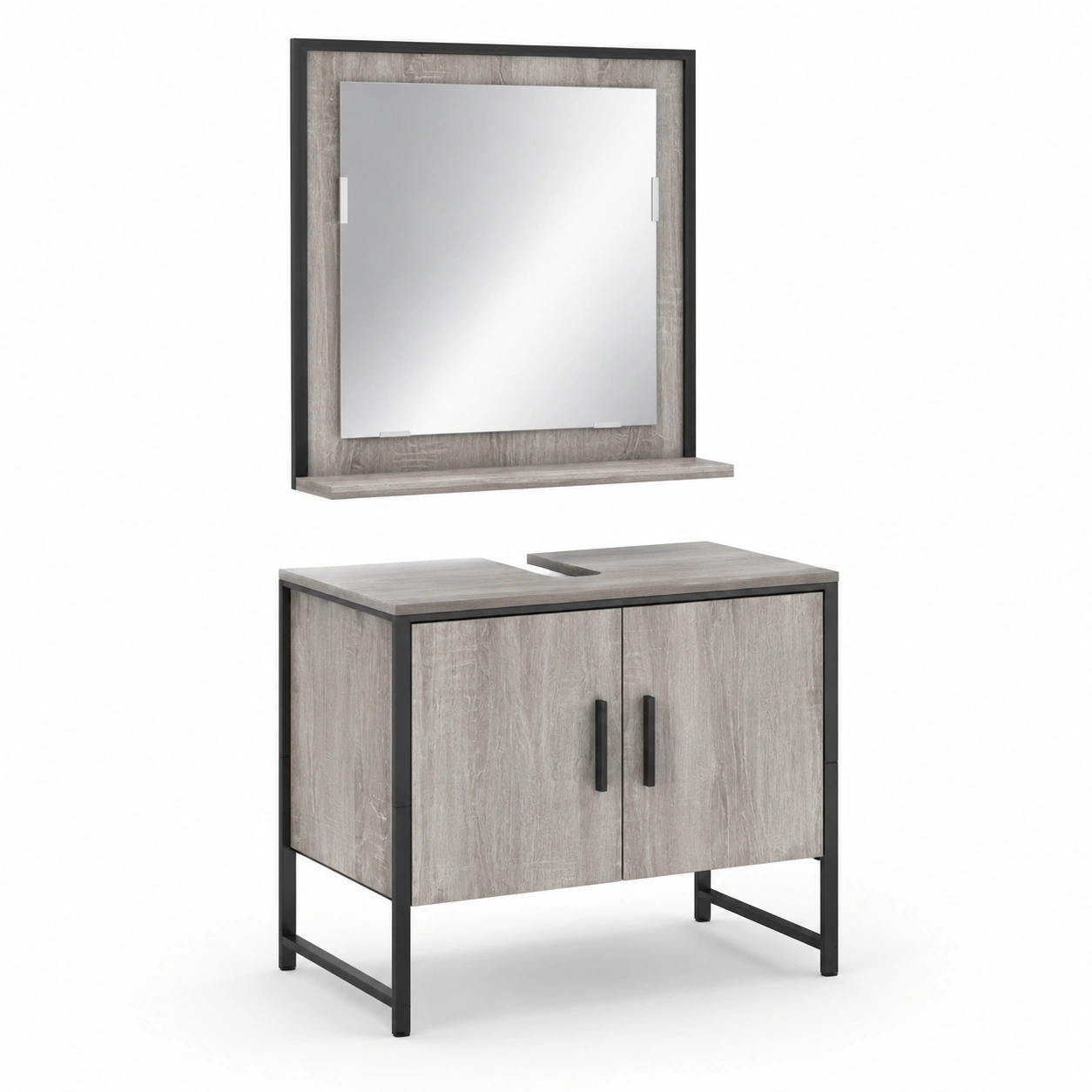 Conjunto de mueble de bano gris claro efecto madera con espejo-OakVistaFurniture