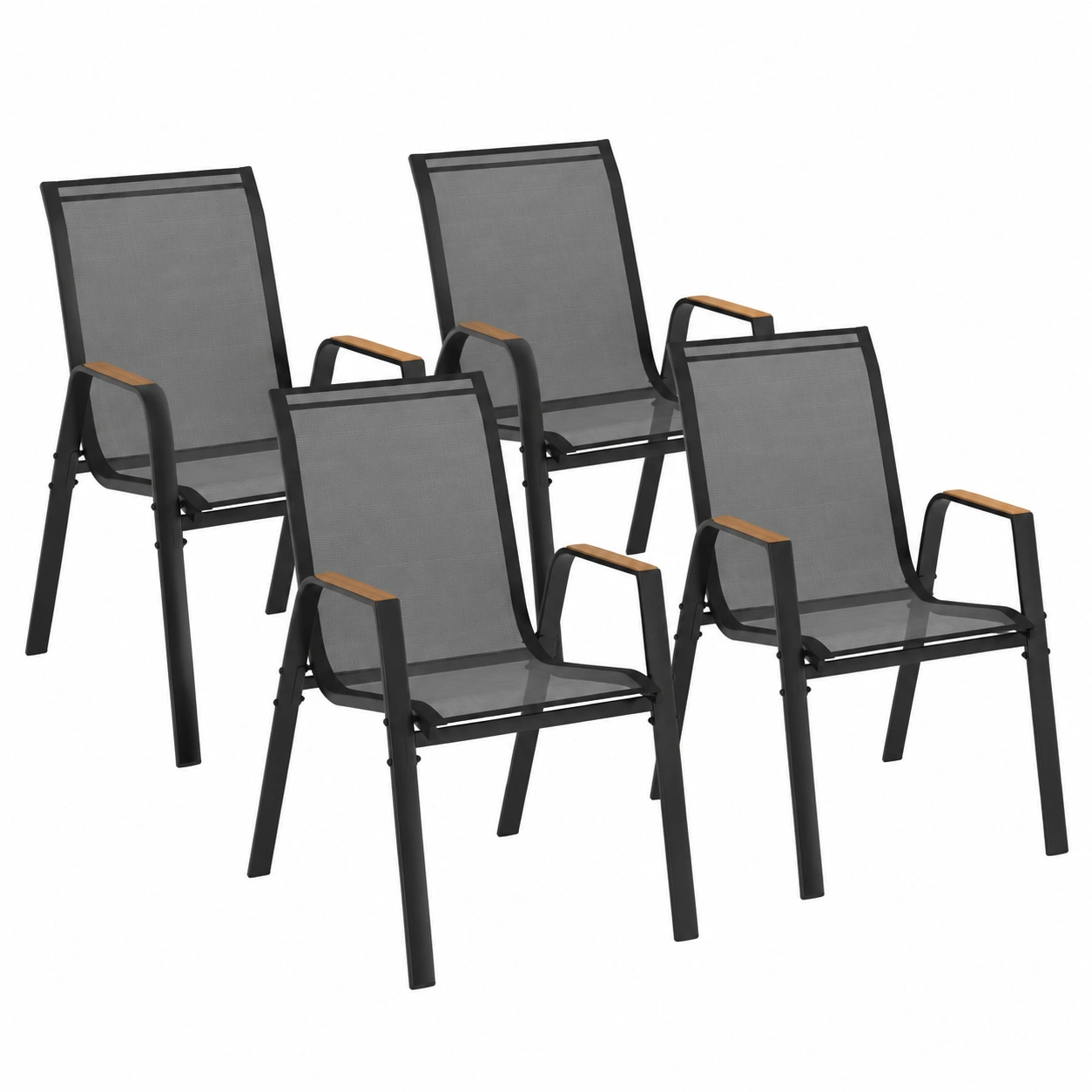 Lot de 4 chaises de jardin empilables en métal et textilène noir-Elmnord