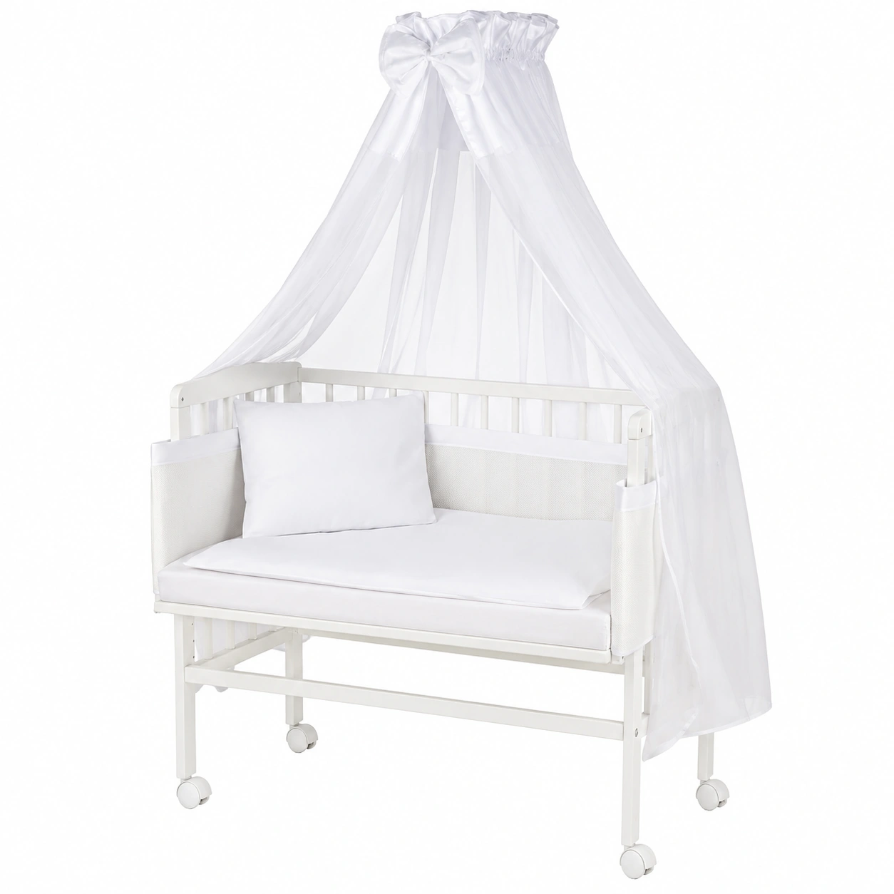 Lit bébé cododo en bois réglable avec matelas, surface 90 x 55 cm, textile blanc-Elmnord