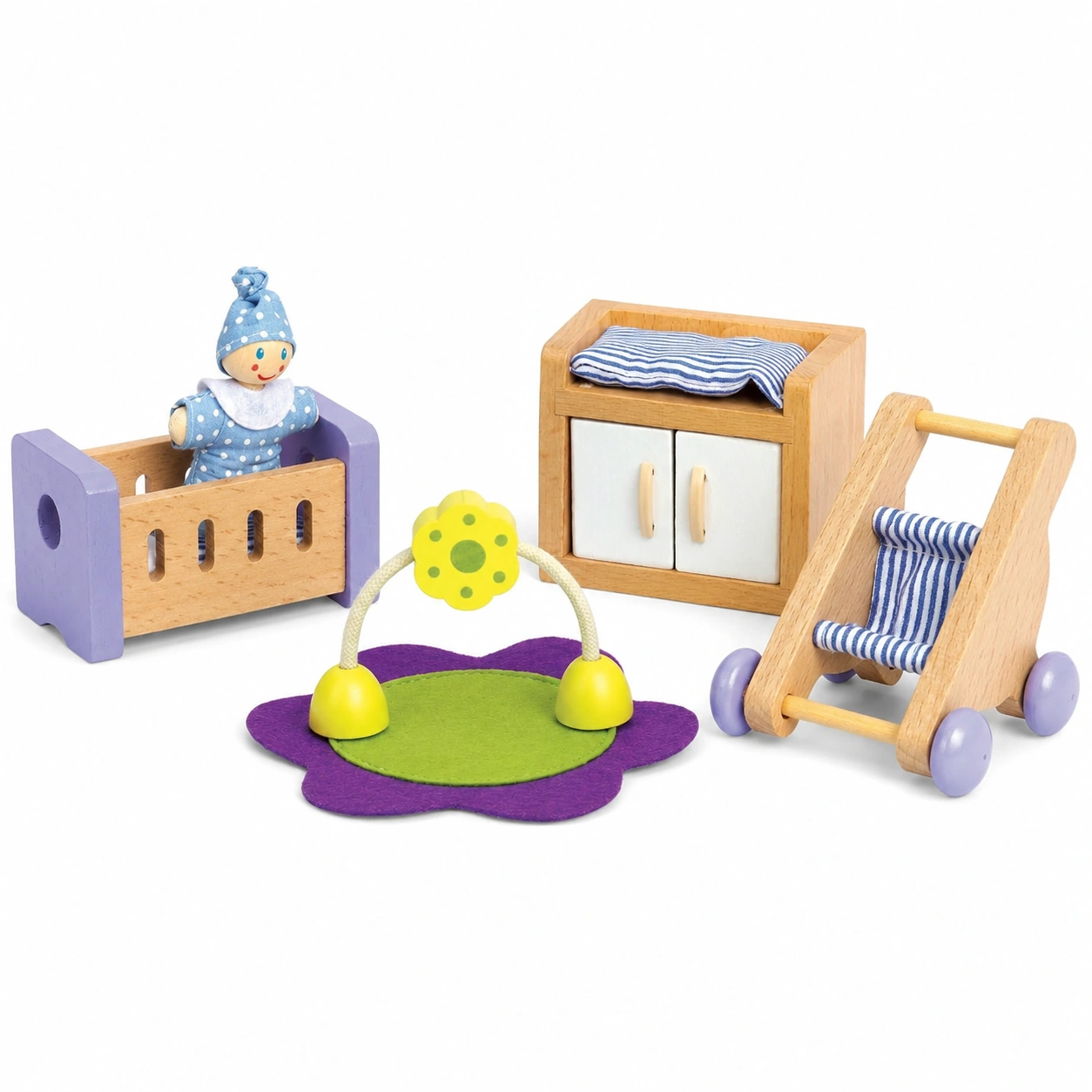 Ensemble Chambre de Bébé pour Maison de Poupée en Bois - Berceau et Accessoires-Elmnord