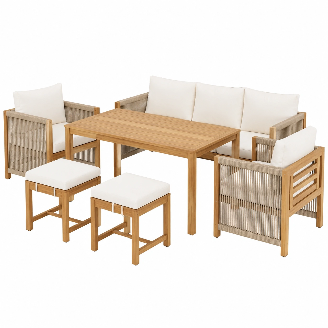 Ensemble de Jardin en Bois d'Acacia, 6 Pièces, Coussin Beige-Elmnord