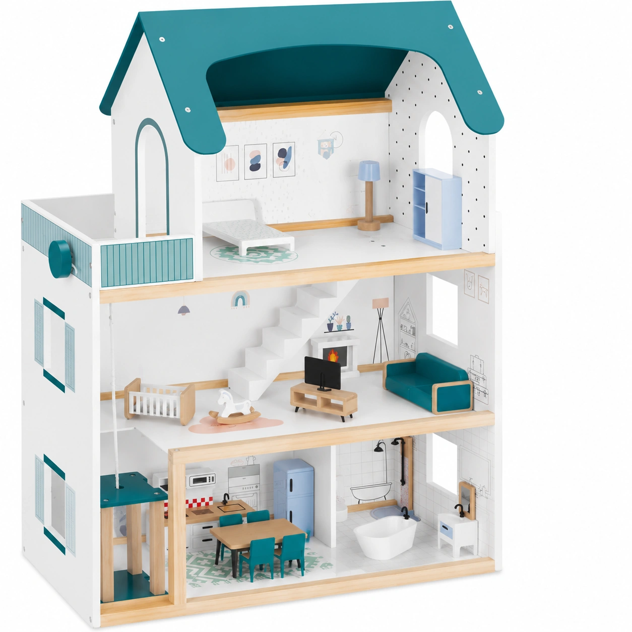 Grande maison de poupée en bois avec accessoires pour enfants dès 3 ans-Elmnord