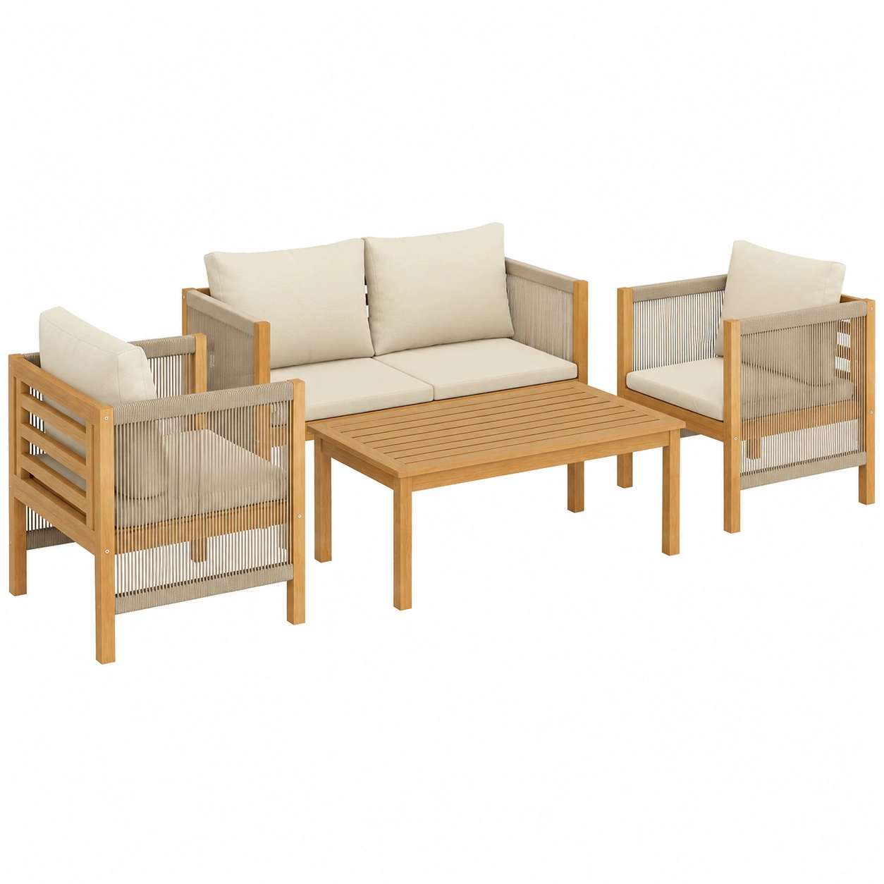Ensemble de Jardin 4 Pièces en Bois avec Coussins et Corde Tressée-Elmnord