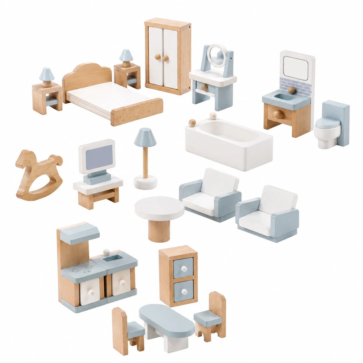 Ensemble de Meubles en Bois pour Maison de Poupée - 23 Accessoires Inclu-Elmnord